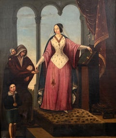 Fine 19thC European School Grand Interior Scene of Noblewoman Giving Charity