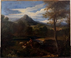 Wunderschönes Ölgemälde eines italienischen Meisters des 17. Jahrhunderts: Landschaft mit Hirten und Schafen neben einem Wasserfall
