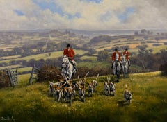 Scena di caccia alla volpe inglese con cacciatore e cani nella campagna del Derbyshire