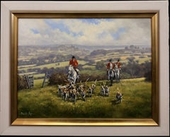 Scena di caccia alla volpe inglese con cacciatore e cani nella campagna del Derbyshire