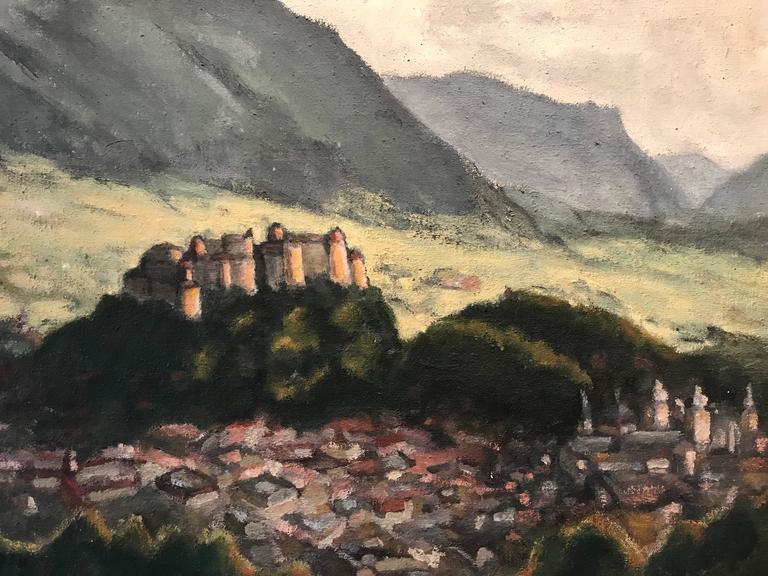 Lovely 1930's oil painting depicting this view of the Austrian city of Salzburg. Superb depiction of the rooftops and surrounding countryside. 

The painting - oil painting on canvas - is by the French female artist, Berthe Dumas and dated 1934. The