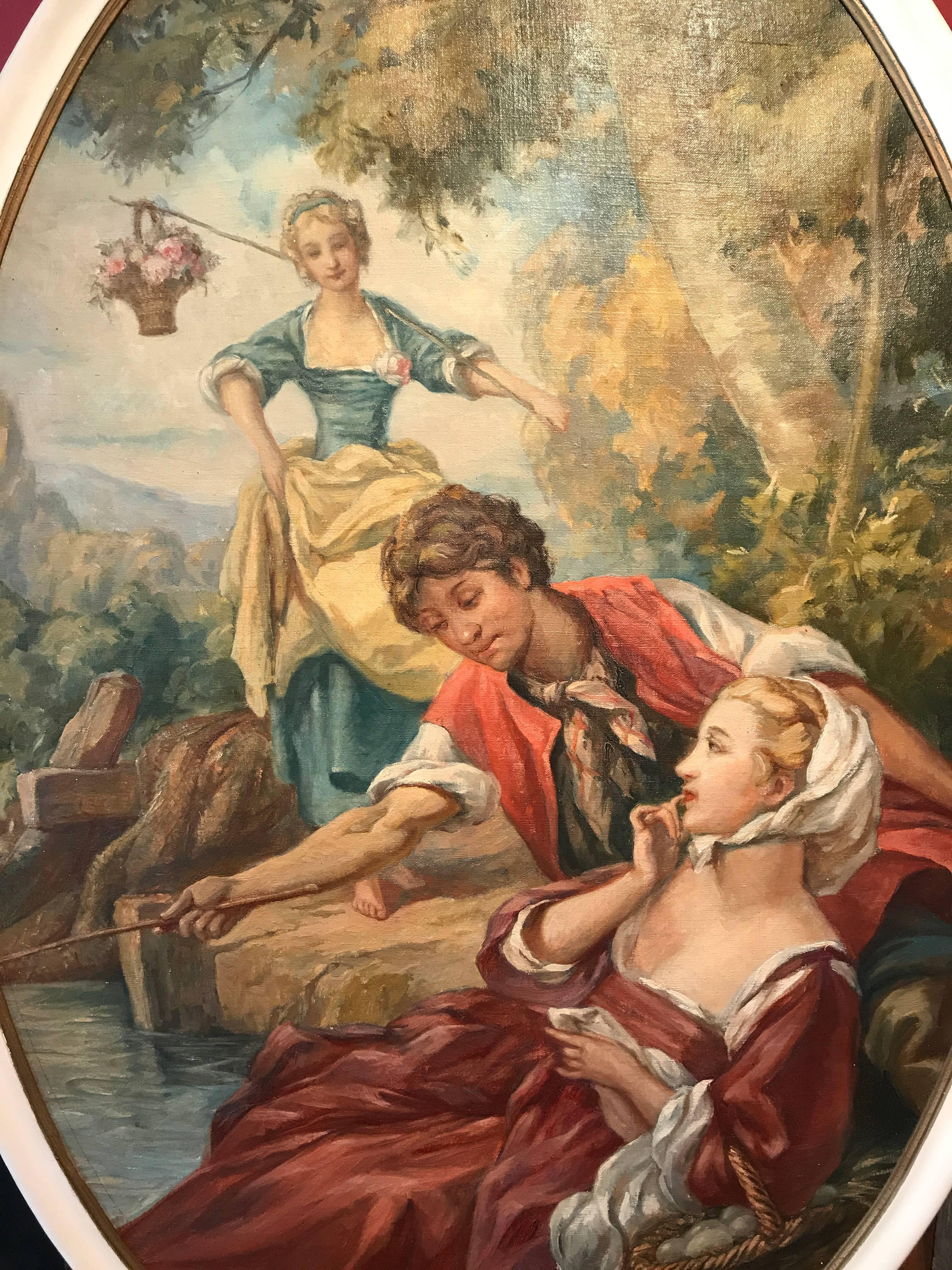 Large Oval French Rococo Style Oil Painting Young Courtship - Brown Figurative Painting by Unknown