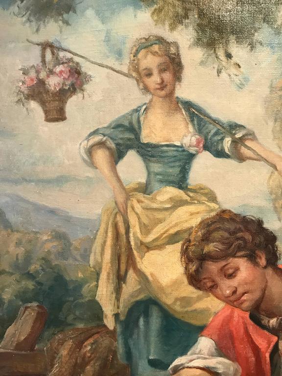 French Rococo School  Large Oval French Rococo Style Oil Painting Young Courtship, Painting at 