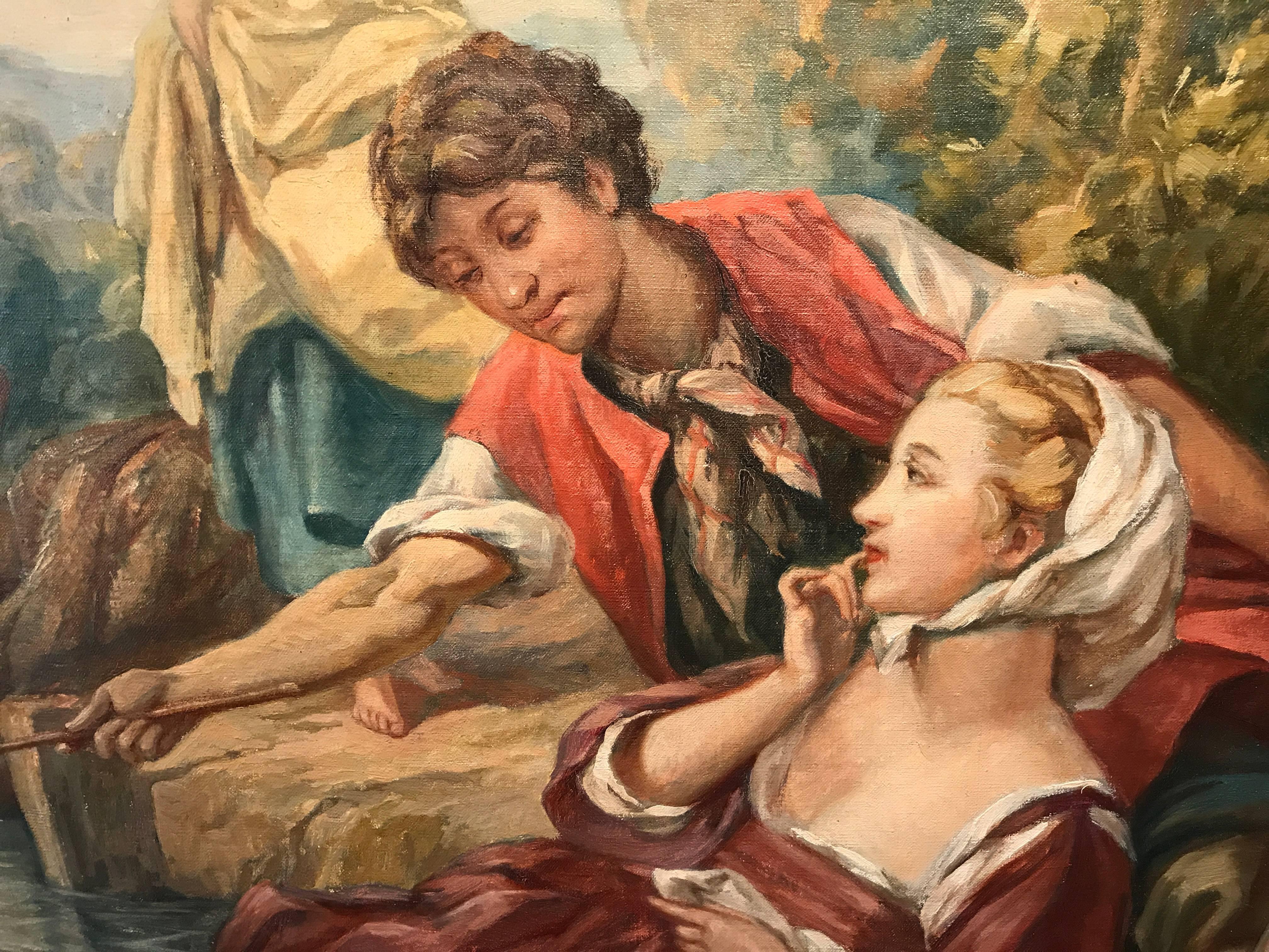 Stunning quality large oval oil painting depicting these young figures in a woodland setting. The young maid overlooks with a hint of jealously as the maiden catches the eye of the young labourer. The painting is typical of the French Rococo style