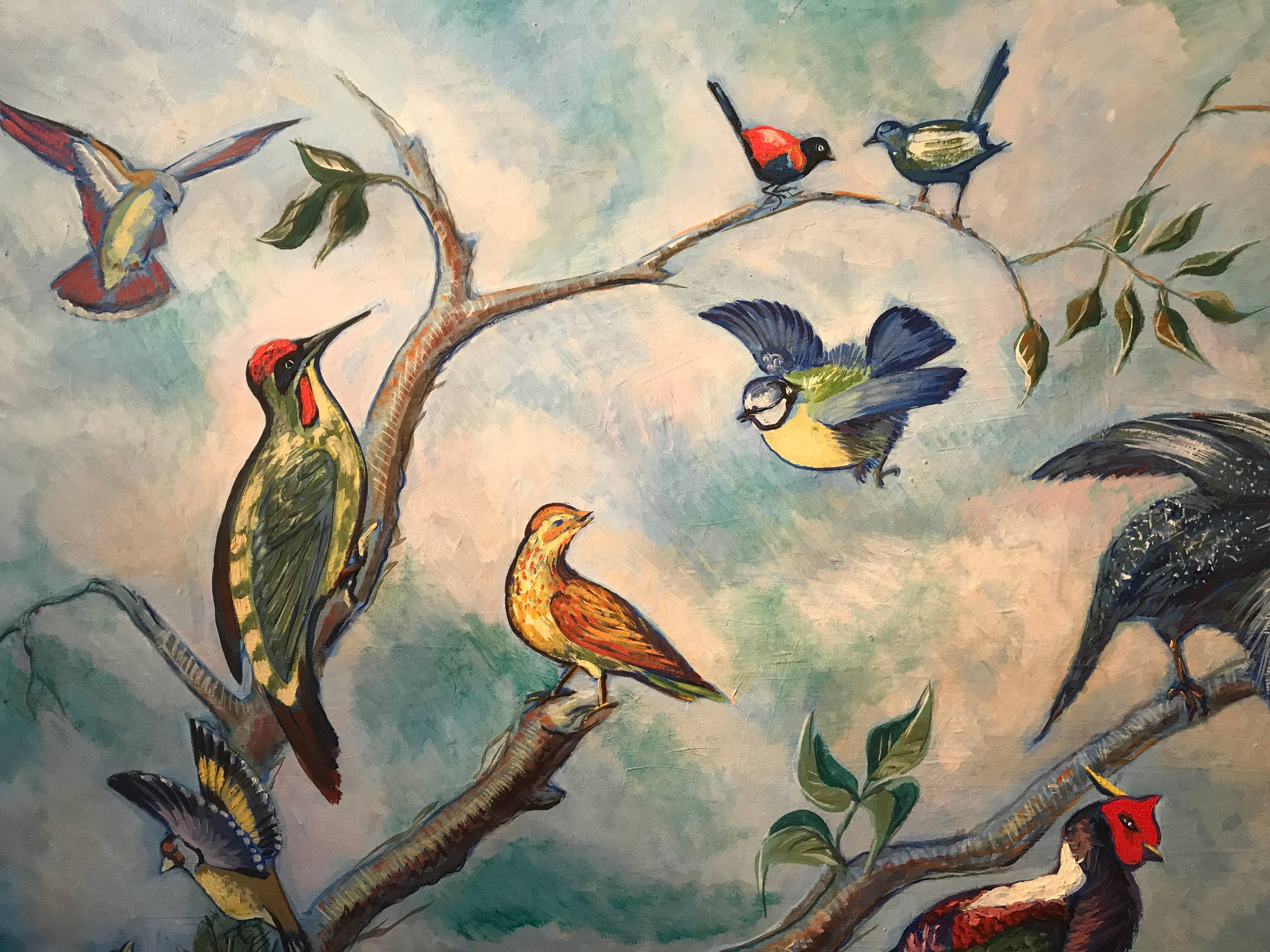 Huge French Oil Painting Exotic Birds on Tree Branches Signed 1