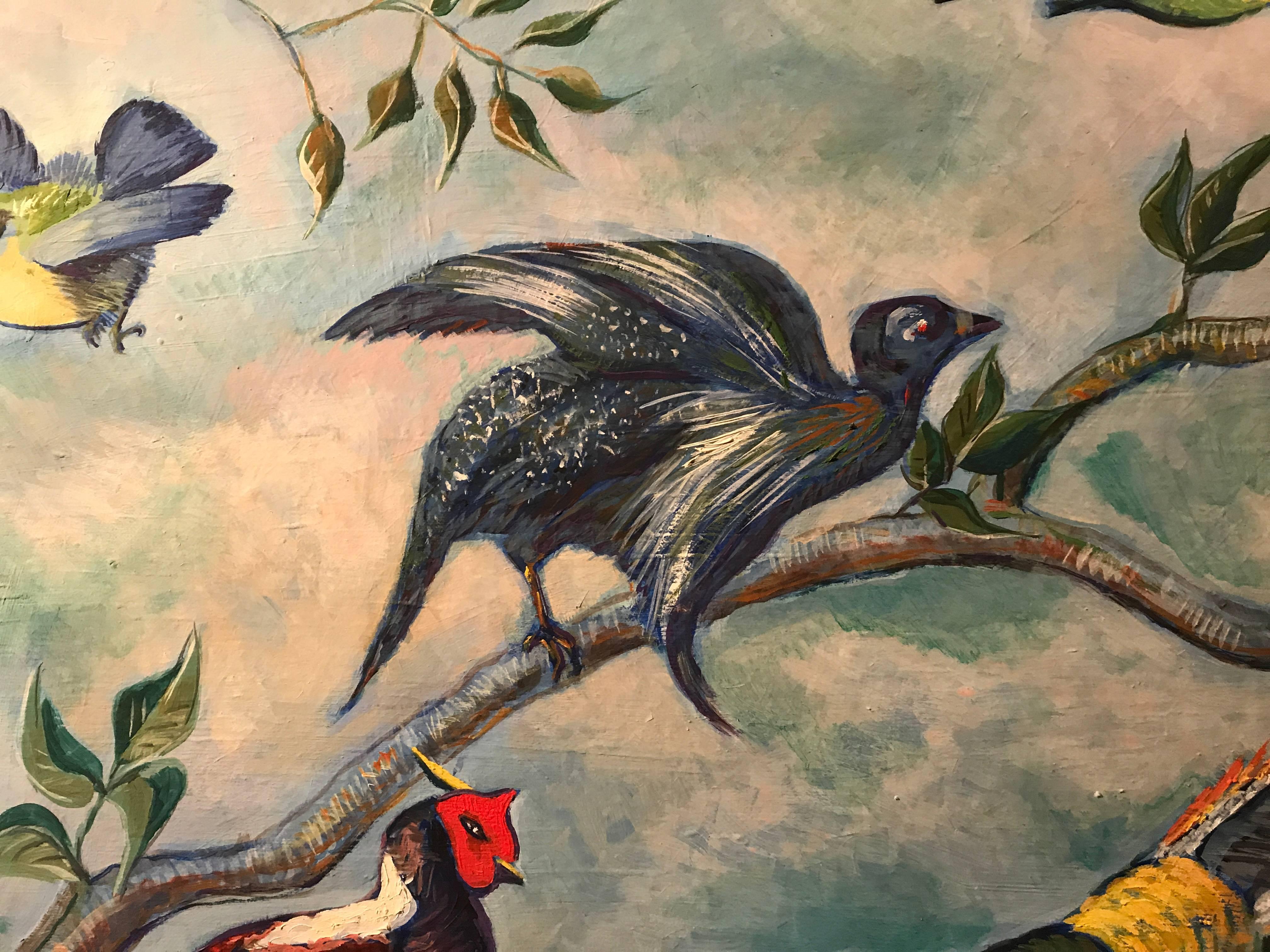 Huge French Oil Painting Exotic Birds on Tree Branches Signed 2
