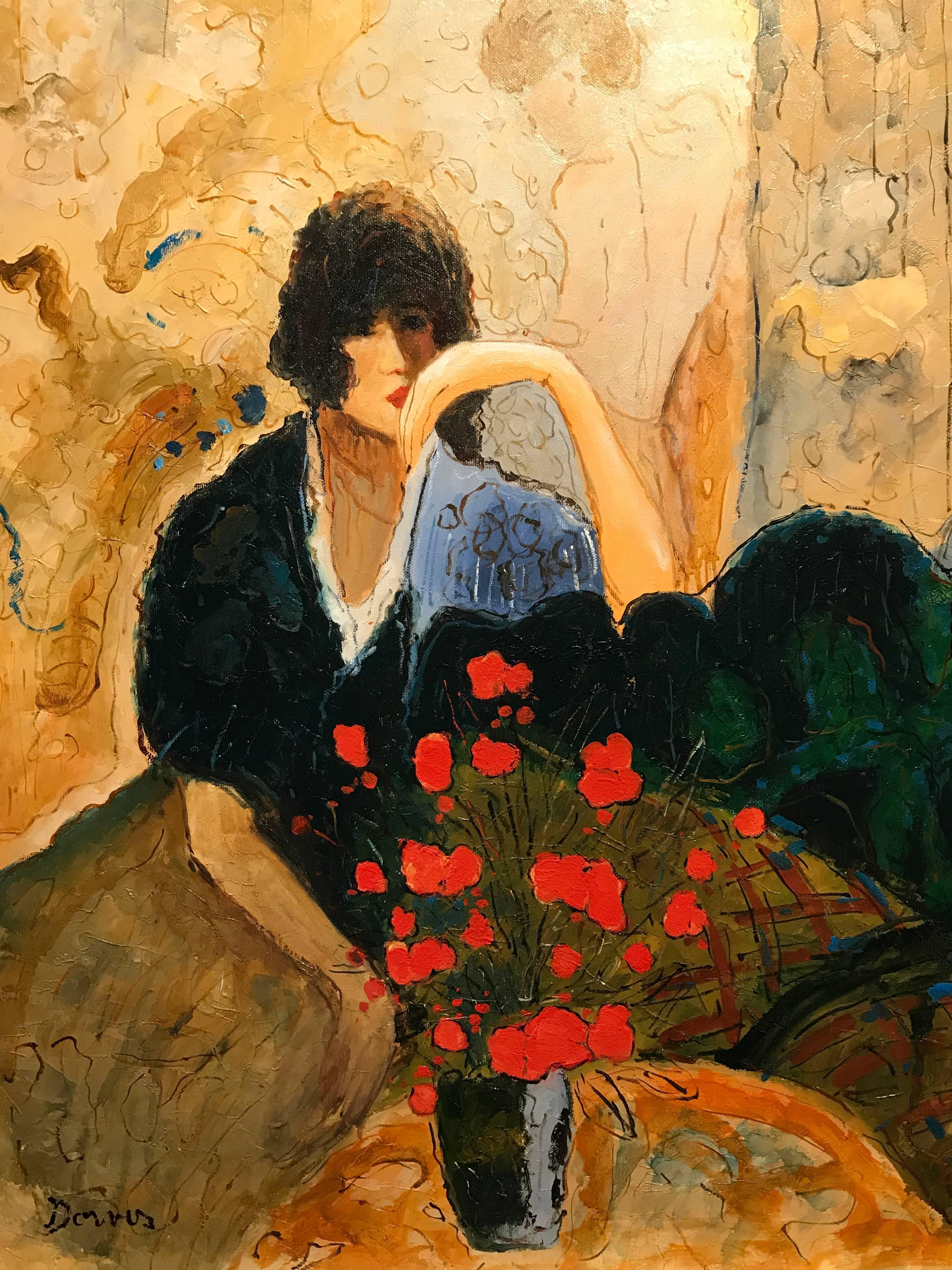 Superb large scale signed French oil painting on canvas, depicting this fashionable lady seated next to a vase of poppies. The painting is signed by its artist, 
