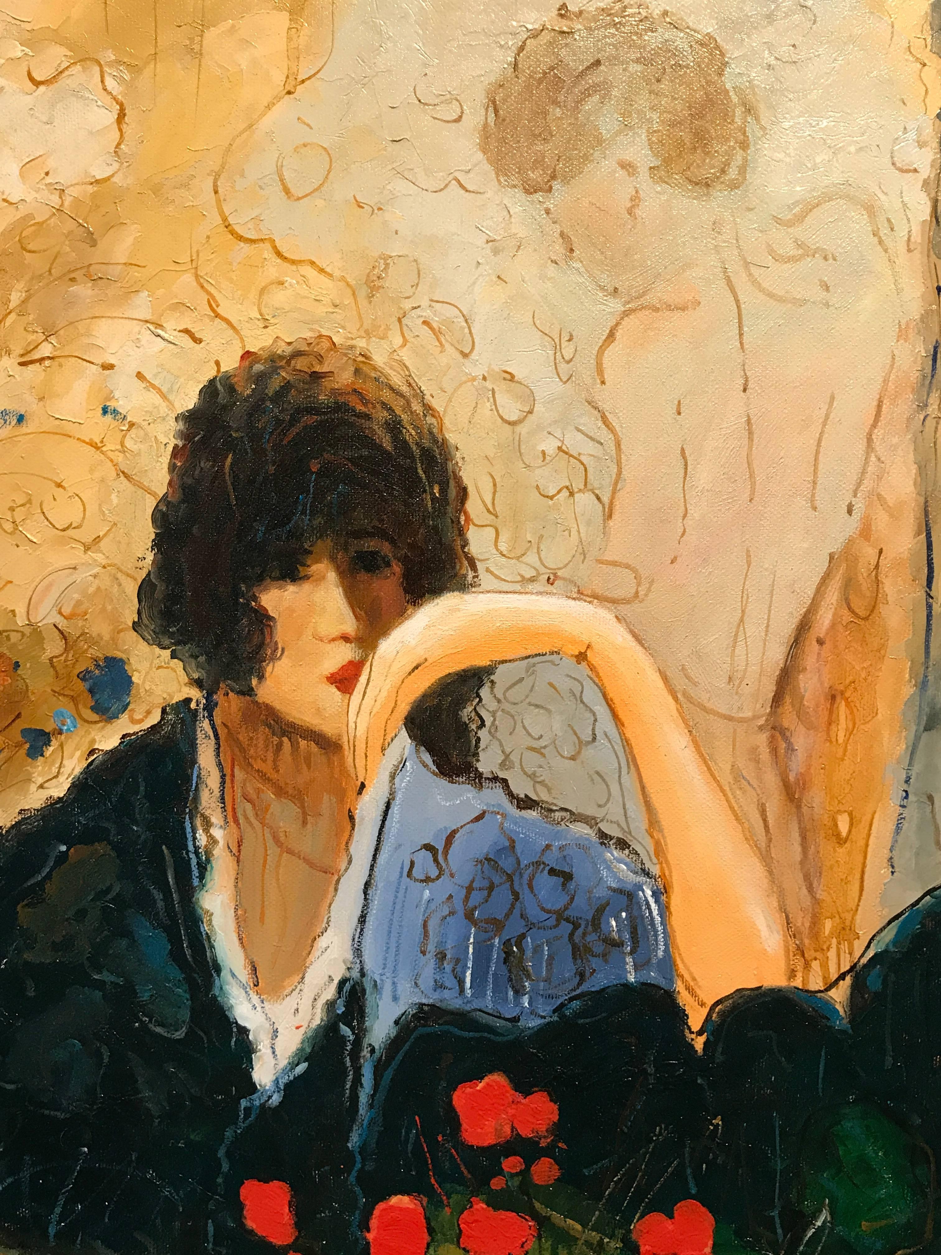 Large Signed French Oil Painting Seated Lady Vase of Poppies 1