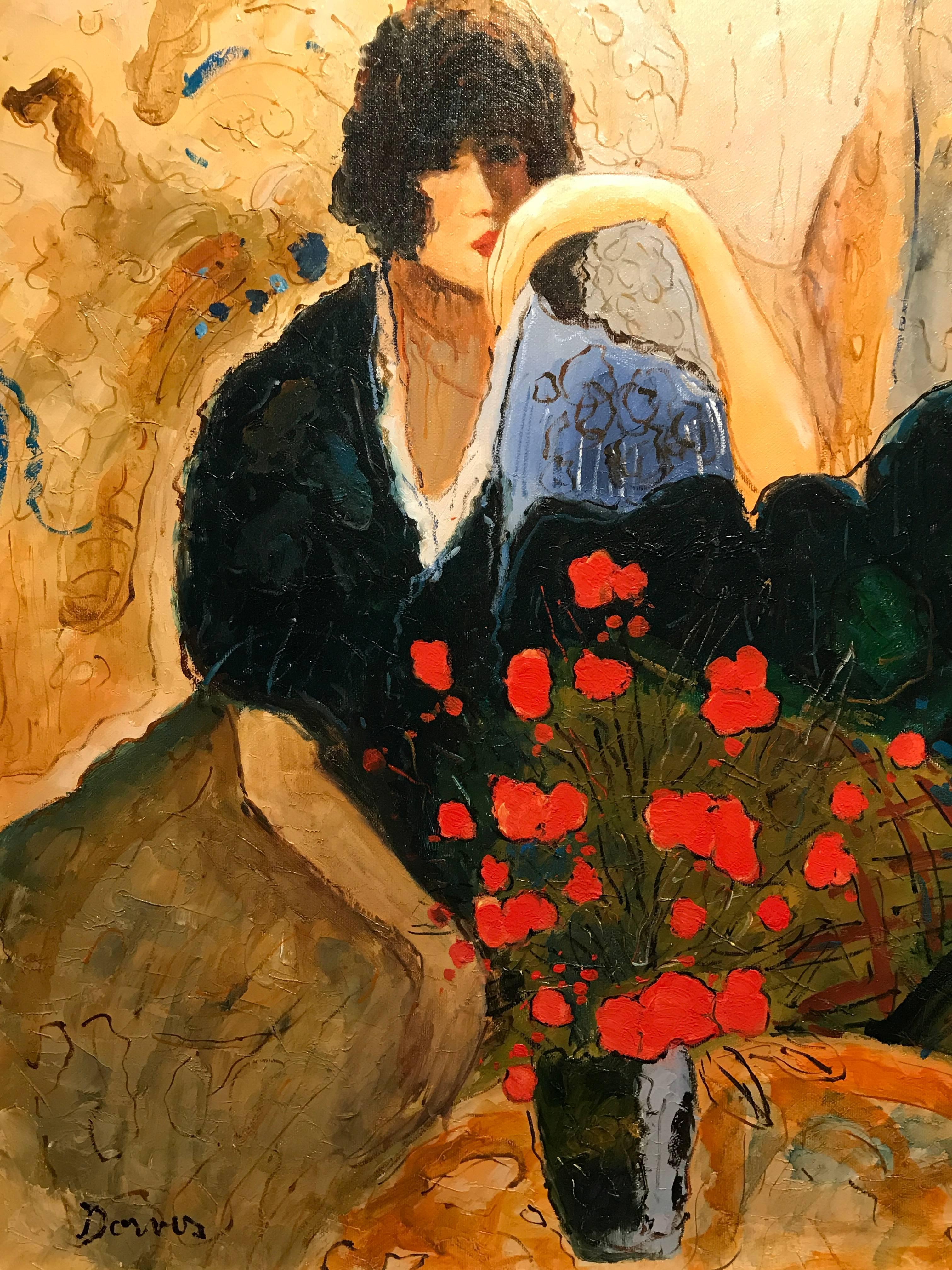 Large Signed French Oil Painting Seated Lady Vase of Poppies 2