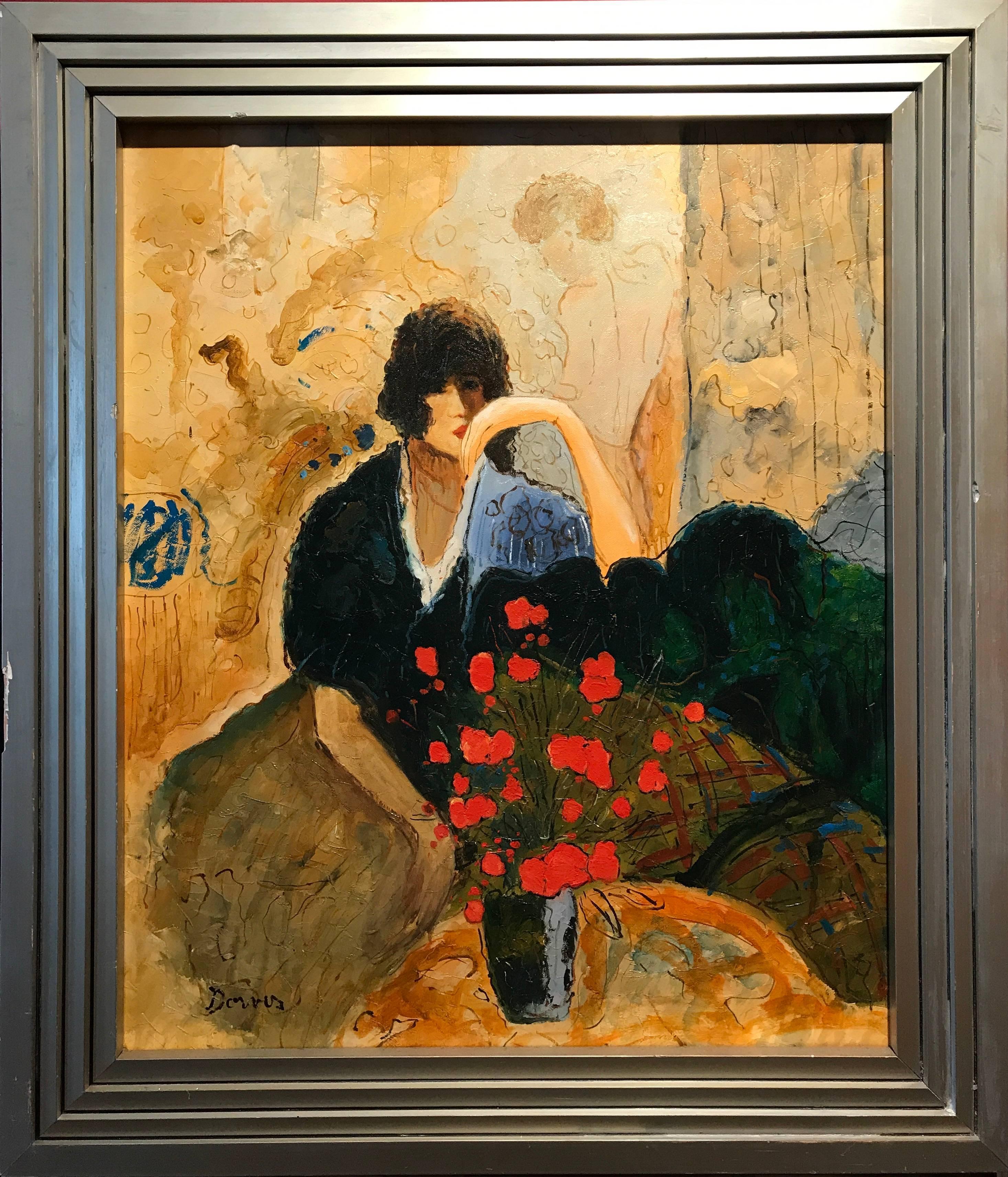 Large Signed French Oil Painting Seated Lady Vase of Poppies - Brown Figurative Painting by Unknown