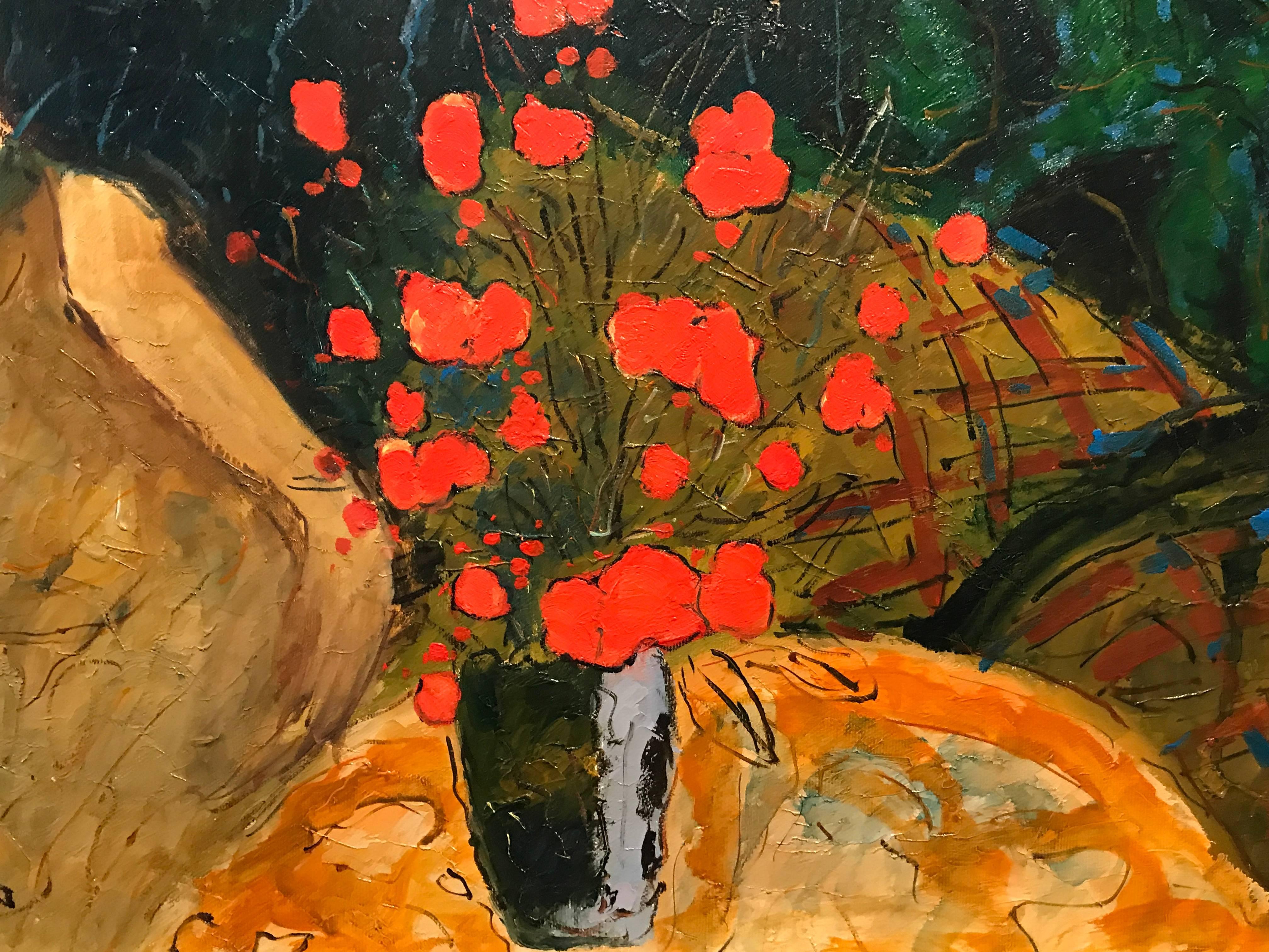 Large Signed French Oil Painting Seated Lady Vase of Poppies 3
