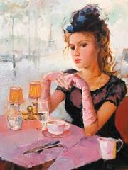 French Impressionist Oil Painting Young Beauty Paris Cafe Pink Gloves