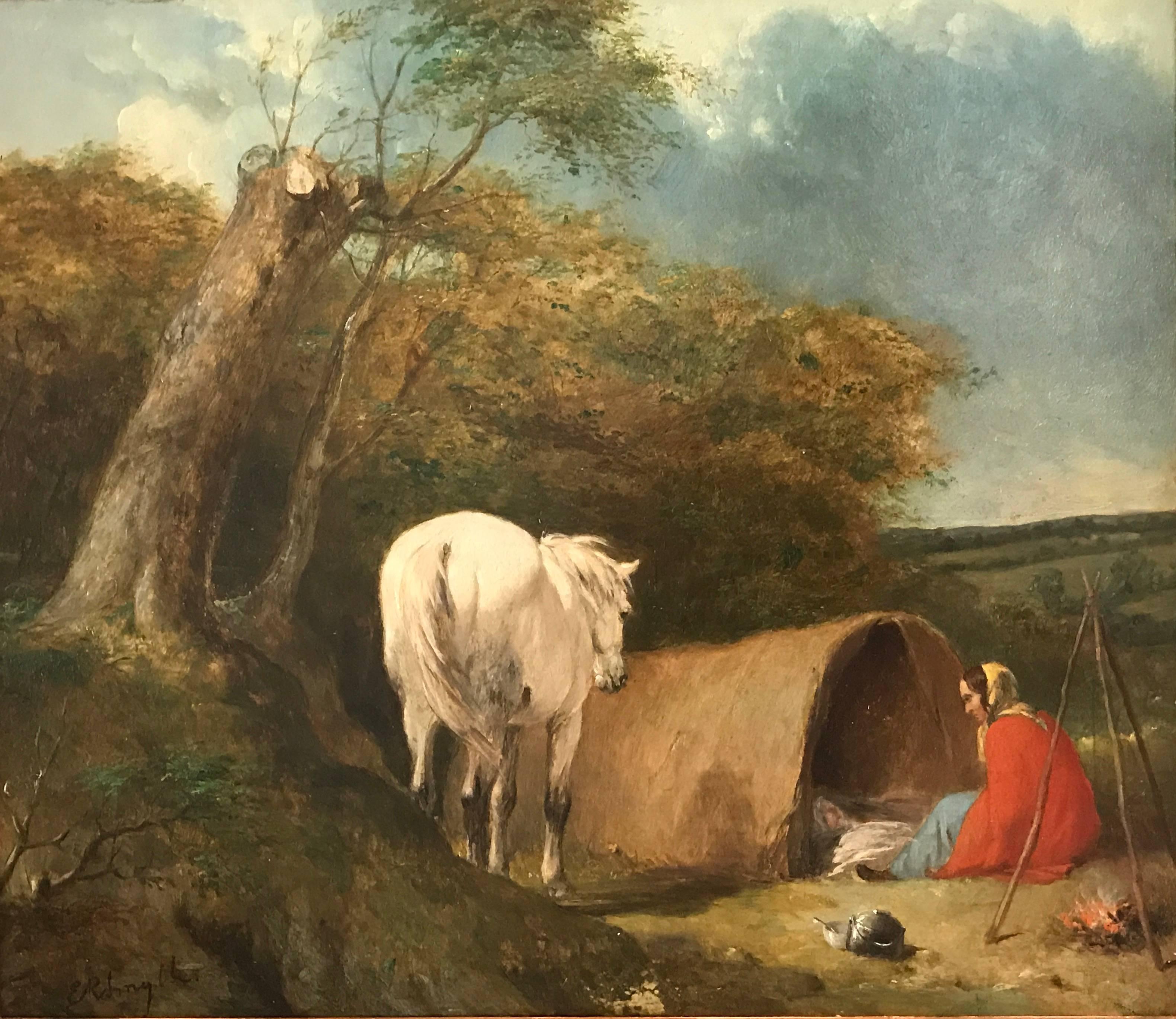 L'accampamento degli zingari, dipinto a olio originale vittoriano firmato - Painting di Edward Robert Smythe