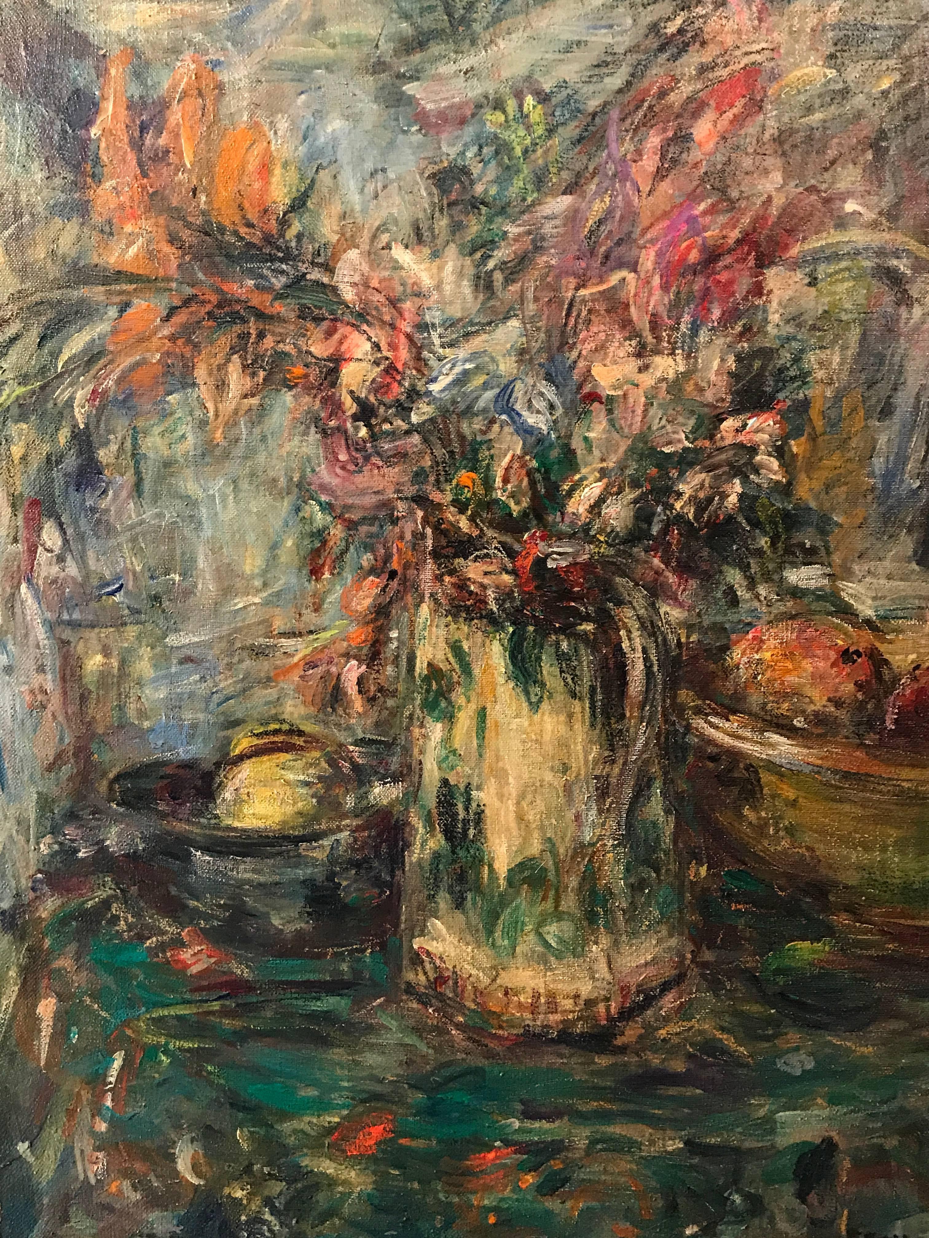 Francoise Fauvet Still-Life Painting - Superb French Impressionist Signed Oil Flowers in Vase with Fruit