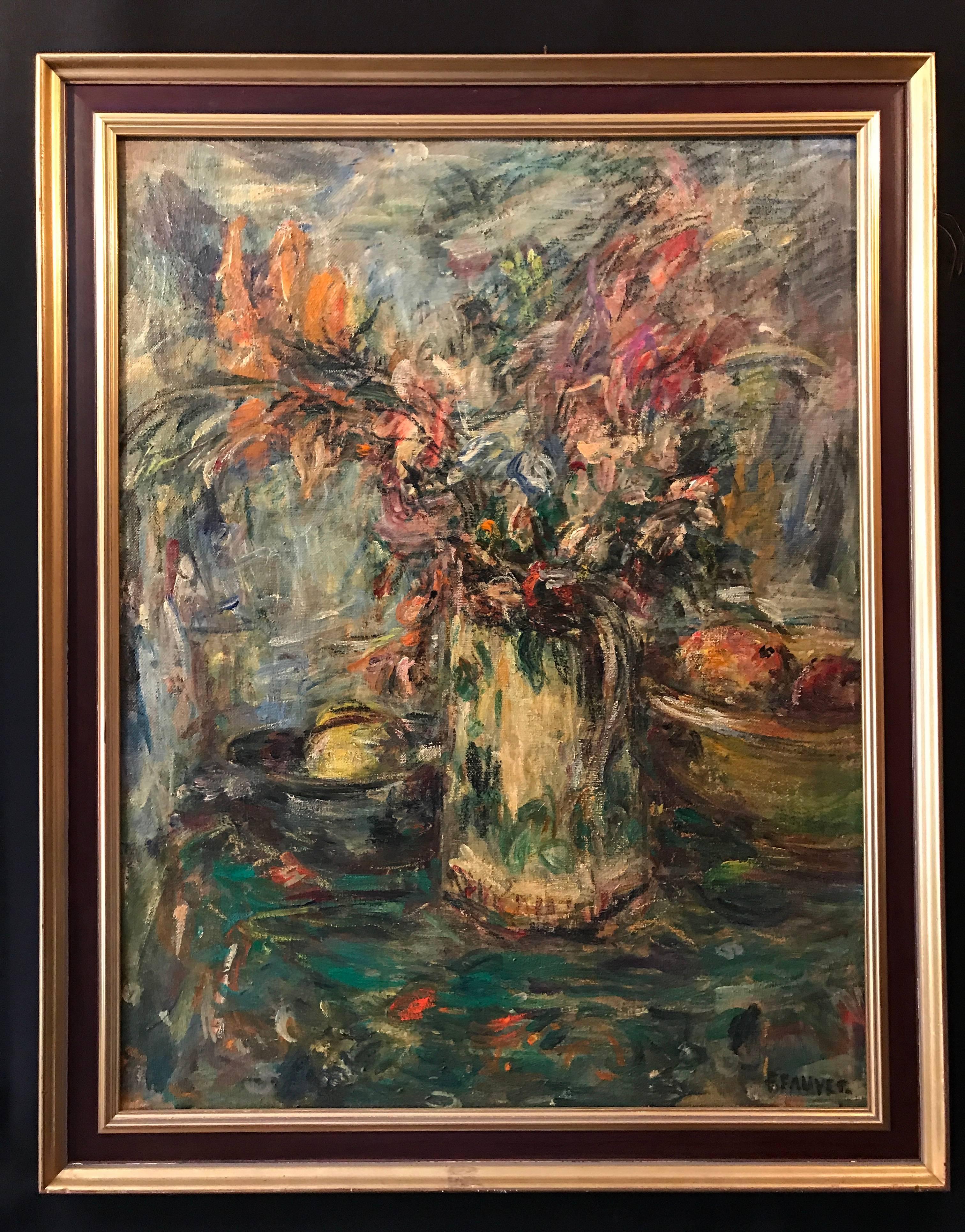Superb French Impressionist Signed Oil Flowers in Vase with Fruit - Painting by Francoise Fauvet
