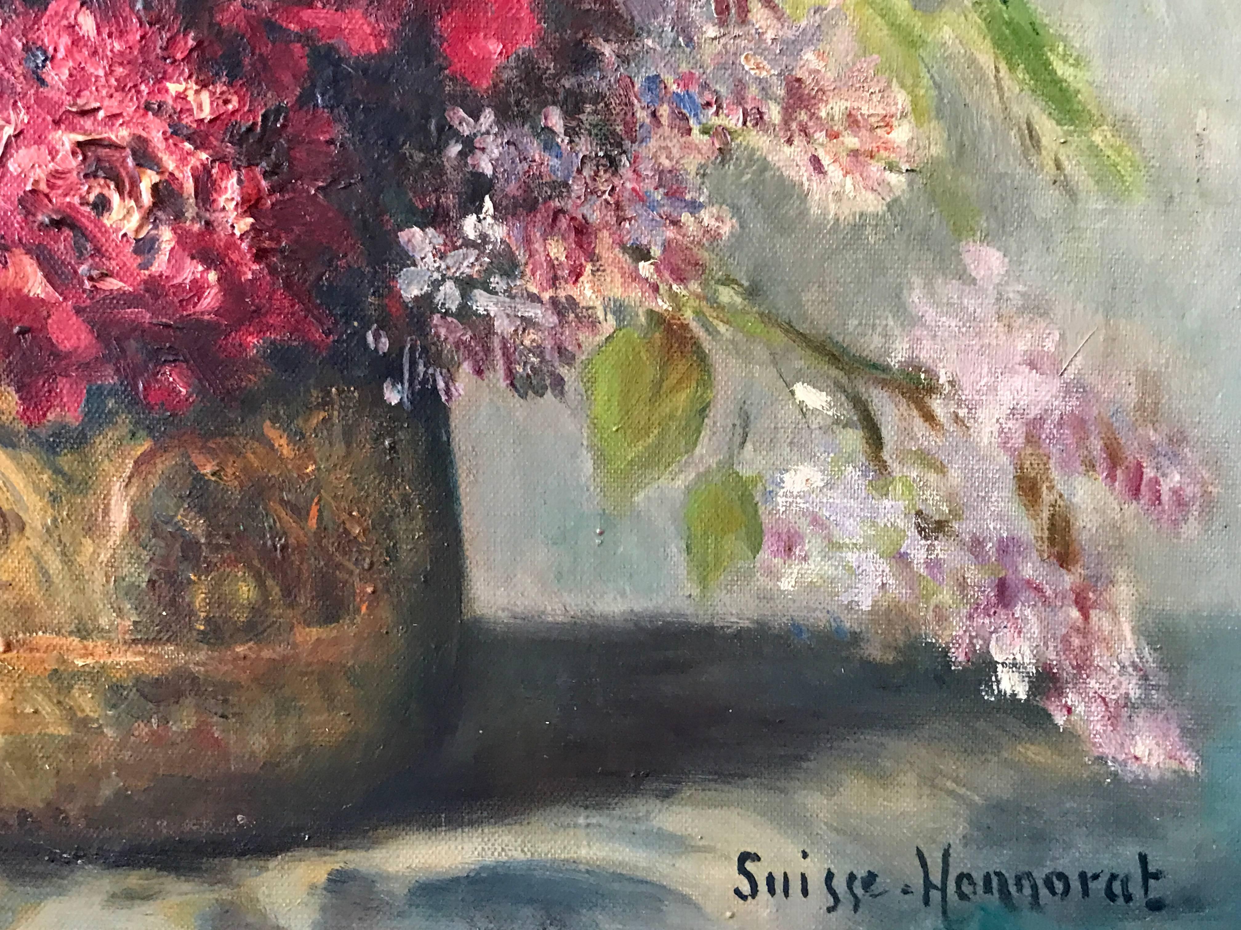 Lilac's and Peonies Original French Impressionist Signed Oil Painting - Brown Still-Life Painting by Unknown