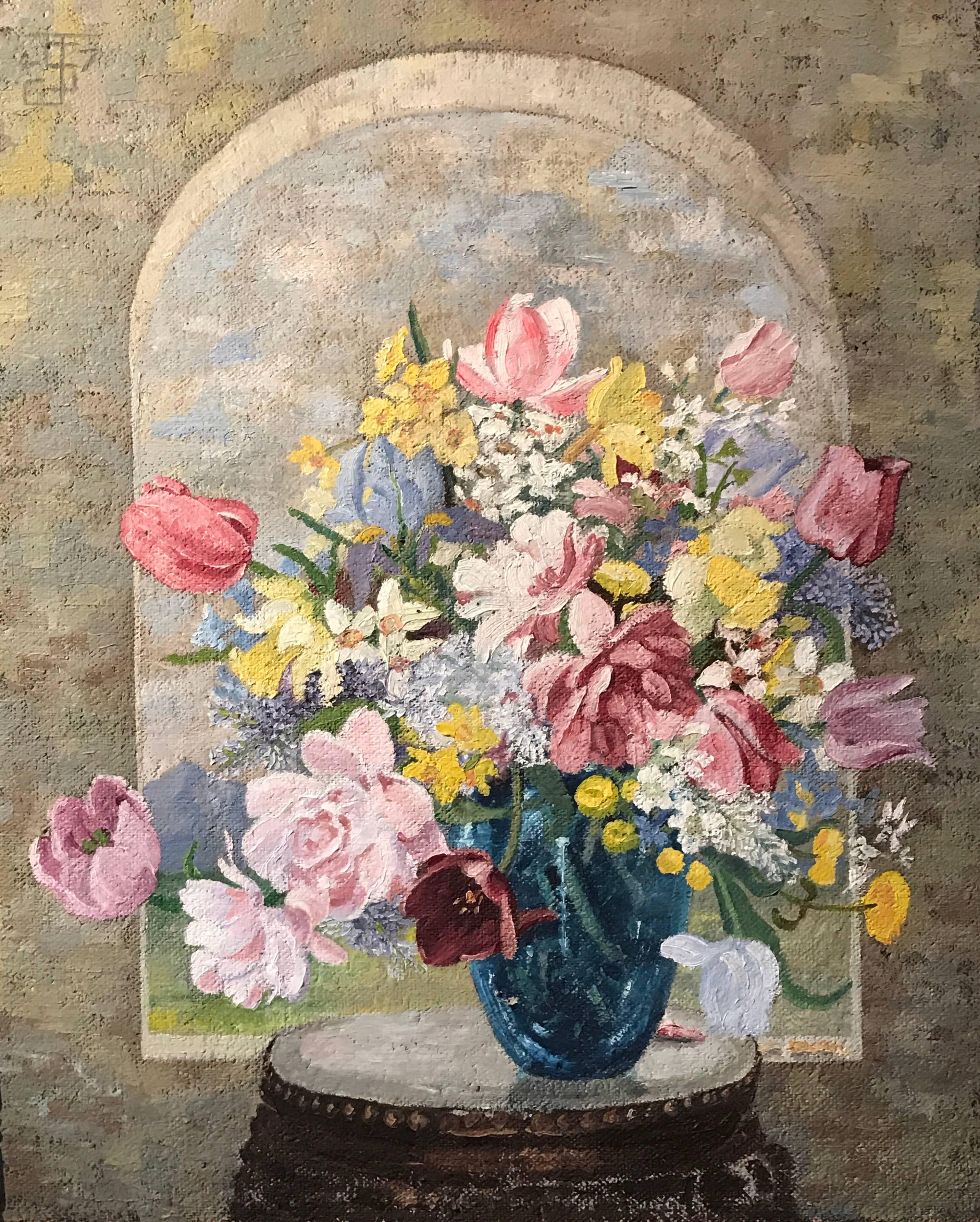 Fleurs dans un moulin à fenêtres arqué - Peinture britannique originale - Painting de Unknown