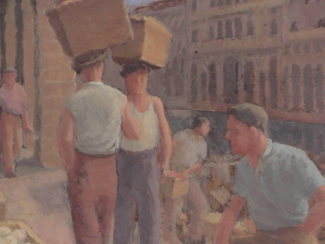 The Fruit Market Venice Mid 20th century Italian Oil Painting - Brown Landscape Painting by Unknown