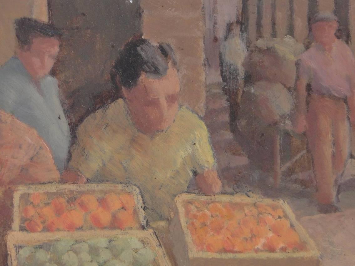 Lovely mid-20th century Italian oil painting on board, depicting the fruit market in Venice. Sellers surround their wares, against the backdrop of the canal and its ancient buildings. The work is unsigned but beautifully painted, with an