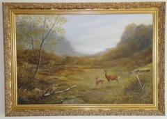 Deer in Scottish Misty Autumn Landscape Signed Oil Painting