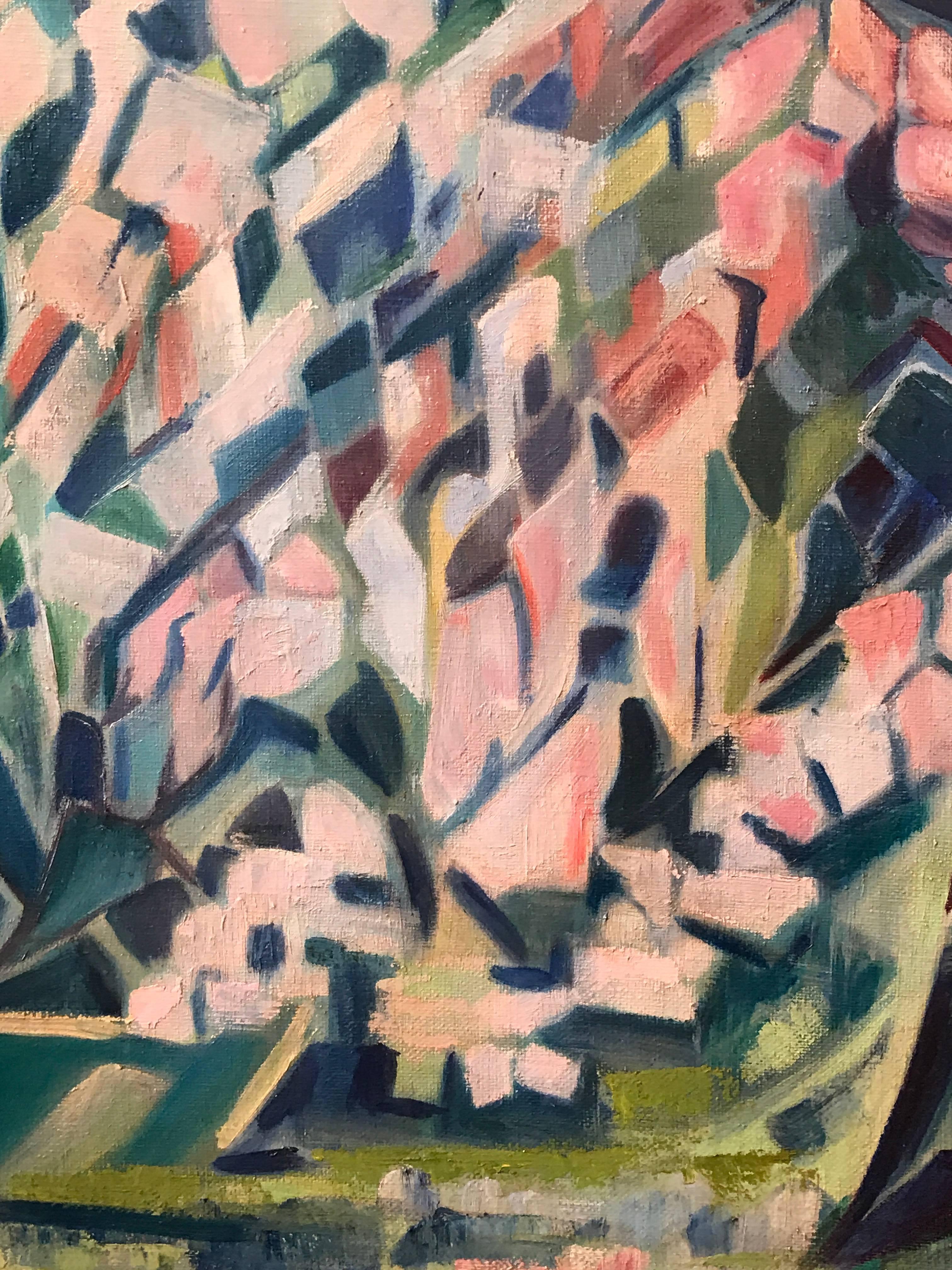 Superb quality original French oil painting, dating to the second half of the 20th century. The painting beautifully depicts this large tree in full blossom - captured with soft pastel pink shades and lovely green tones. 

The work is signed by the