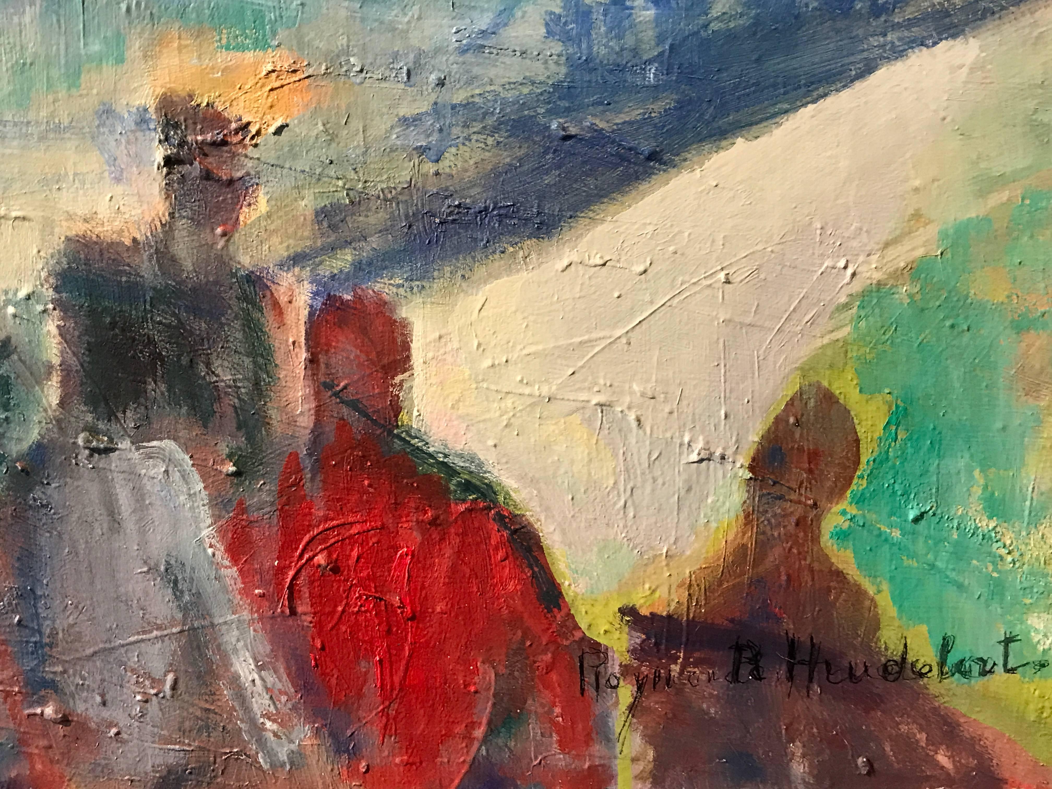 Peinture à l'huile fauviste française - Figures du port - Marron Landscape Painting par Raymonde Heudebert