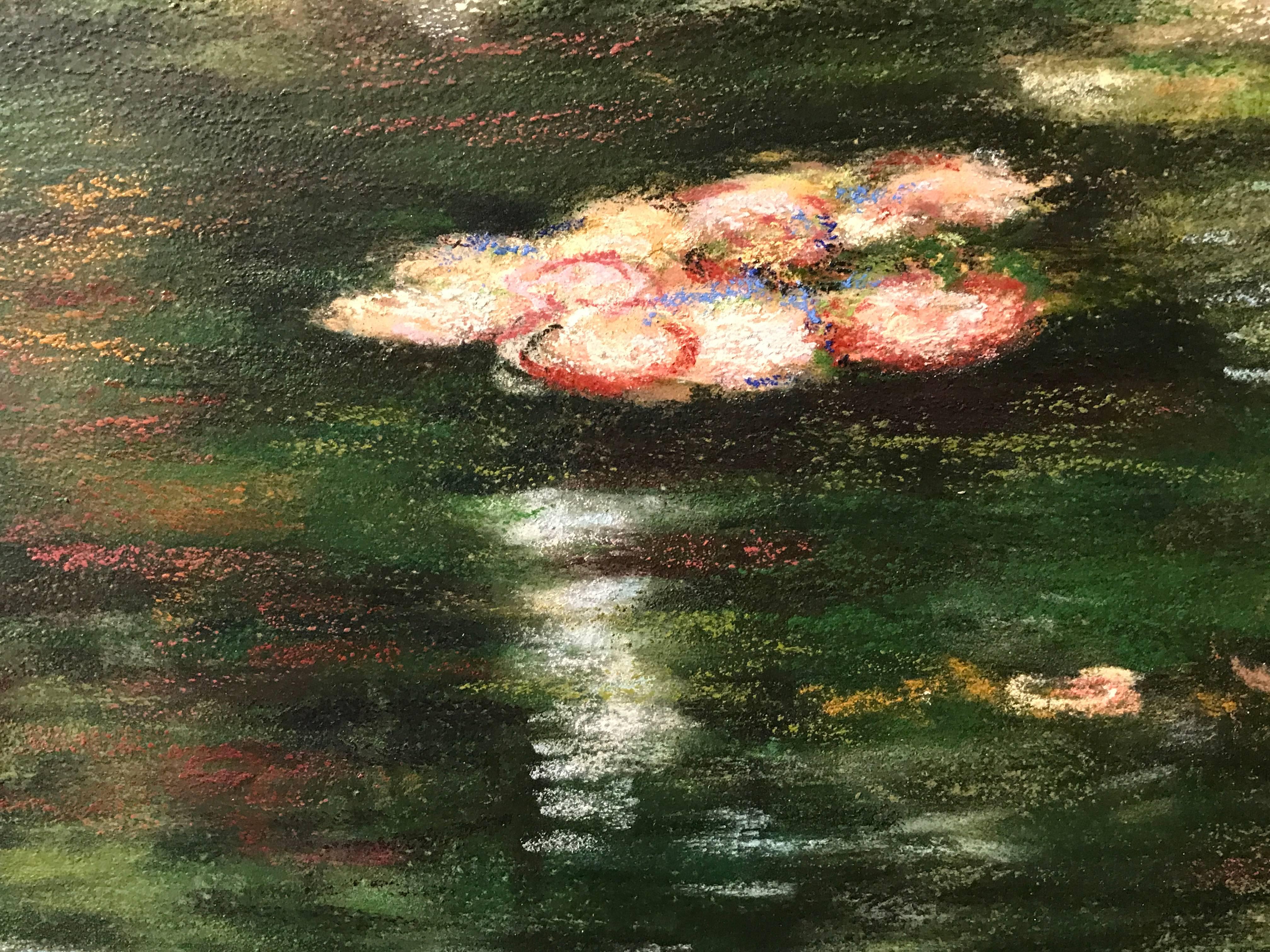 Absolutely superb original oil painting by the British born painter, Maria Bell-Salter. The painting captures the beauty of Claude Monet's water lily pond at Giverny. 

Painted with wonderful vibrancy, color and abundance, the artist has captured