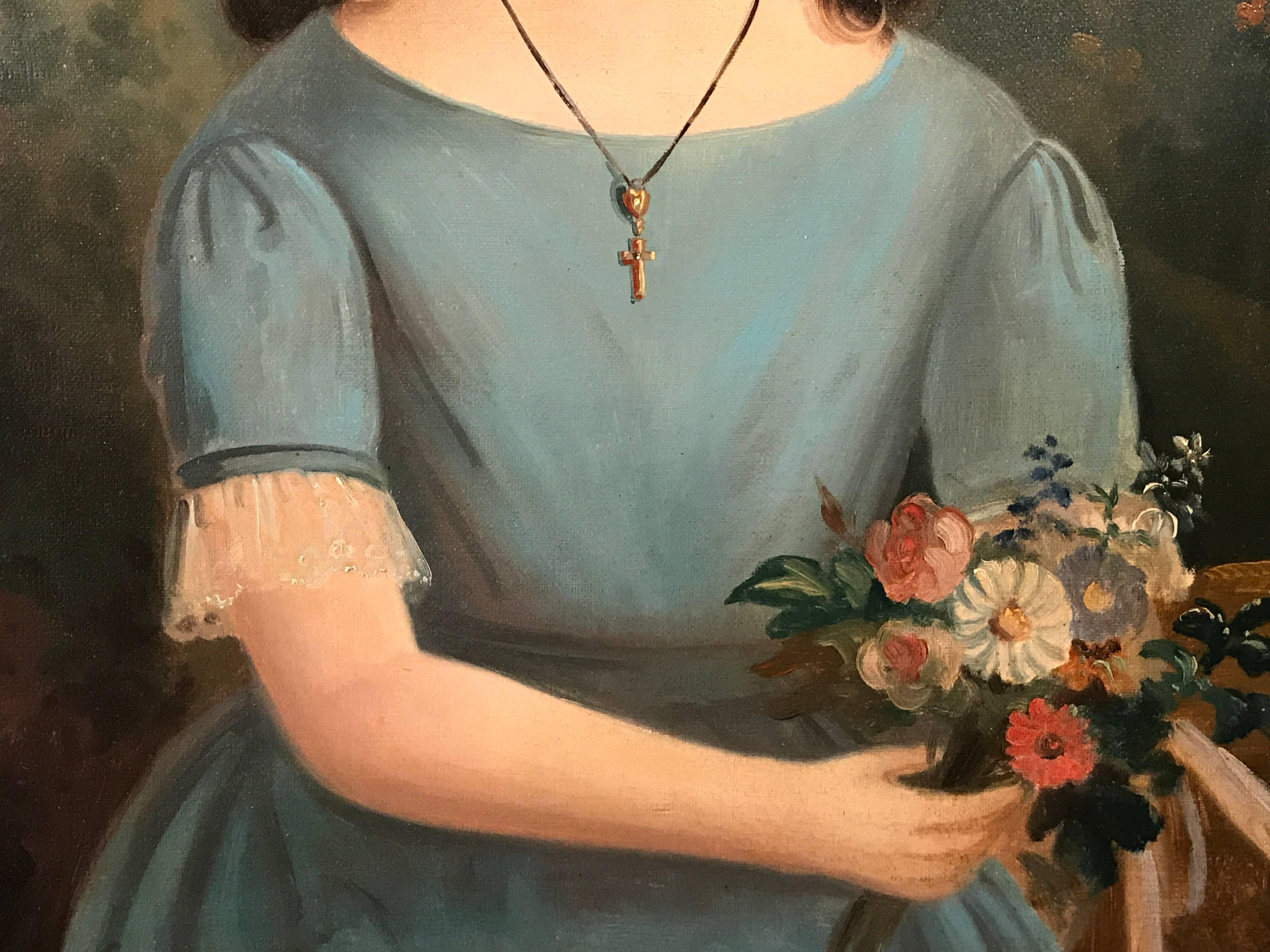 Mid 19th Century French Oil Painting Young Girl with Flowers 1