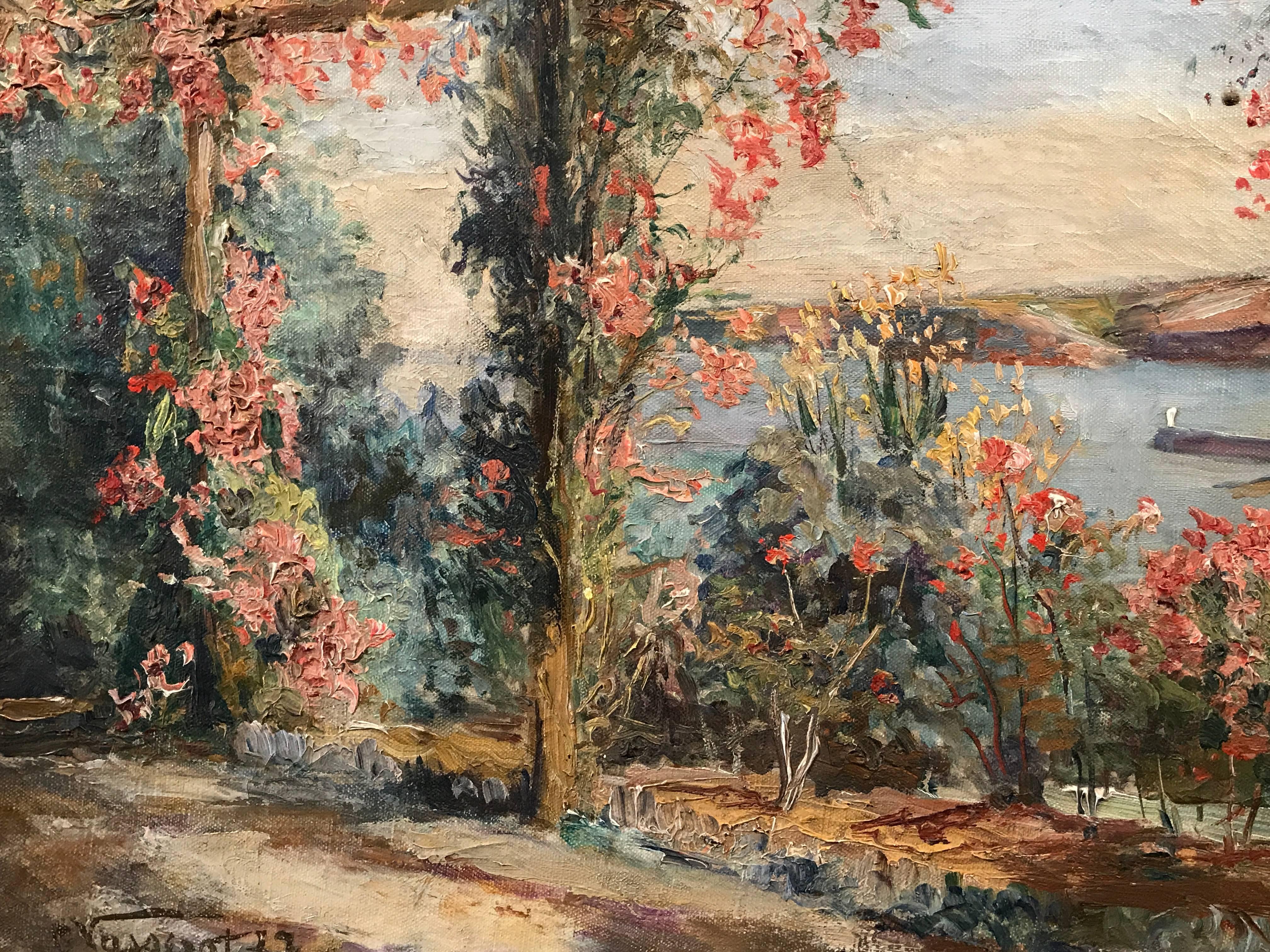 The Terrace - 1930's French Impressionist Oil Painting - Brown Landscape Painting by Pierre Vasserot