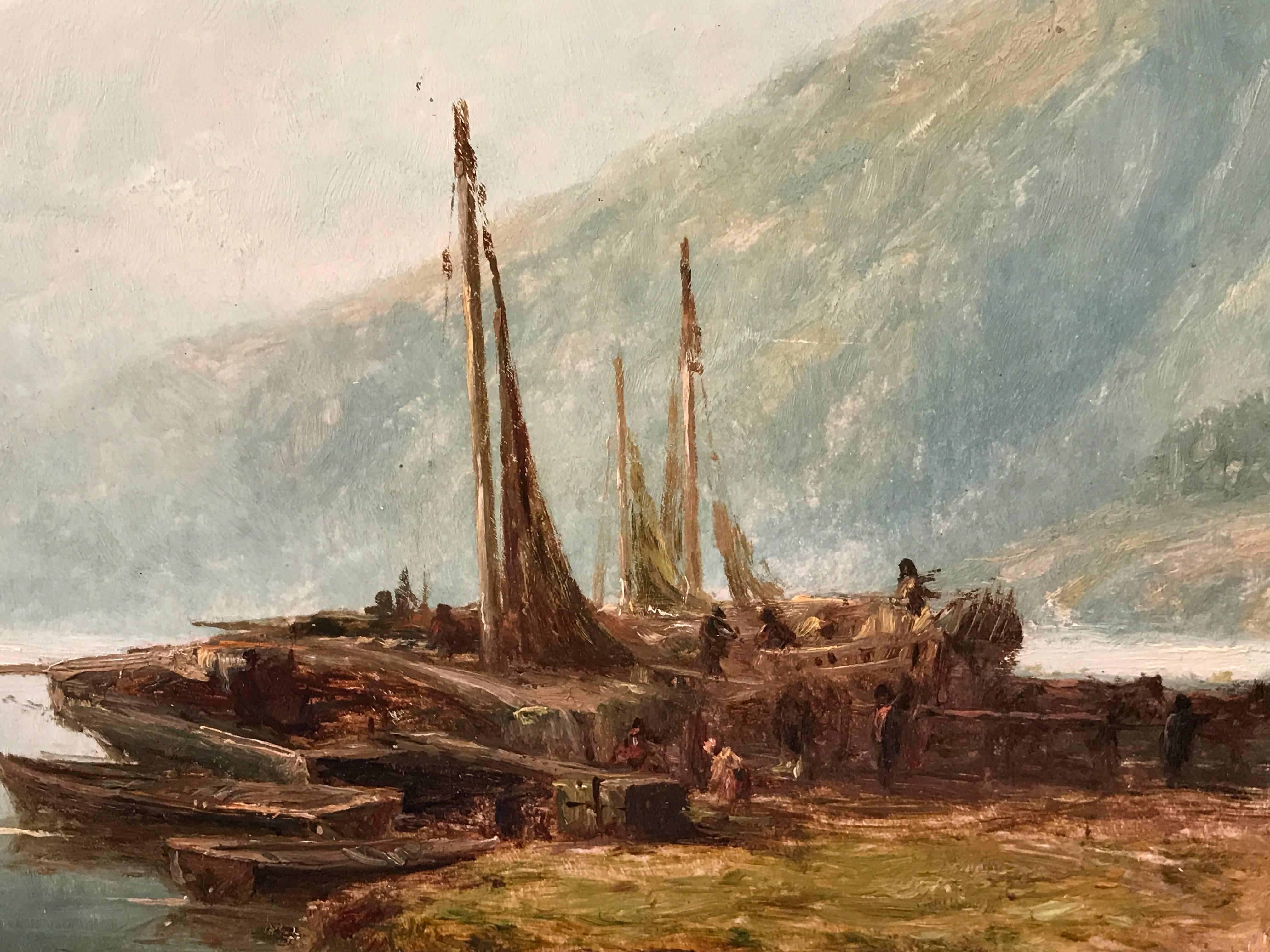 Loch Lomond Fishing Boats 19th Century Oil Painting - Gray Landscape Painting by Harry Armstrong Whittle