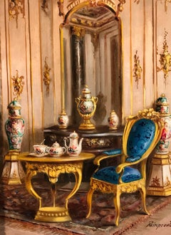 French Chateau Interior Scene Oil Painting