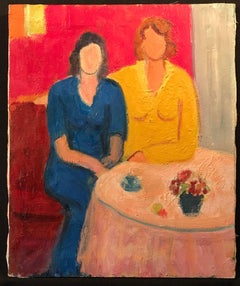 Vintage French Oil Painting Ladies at Cafe Table