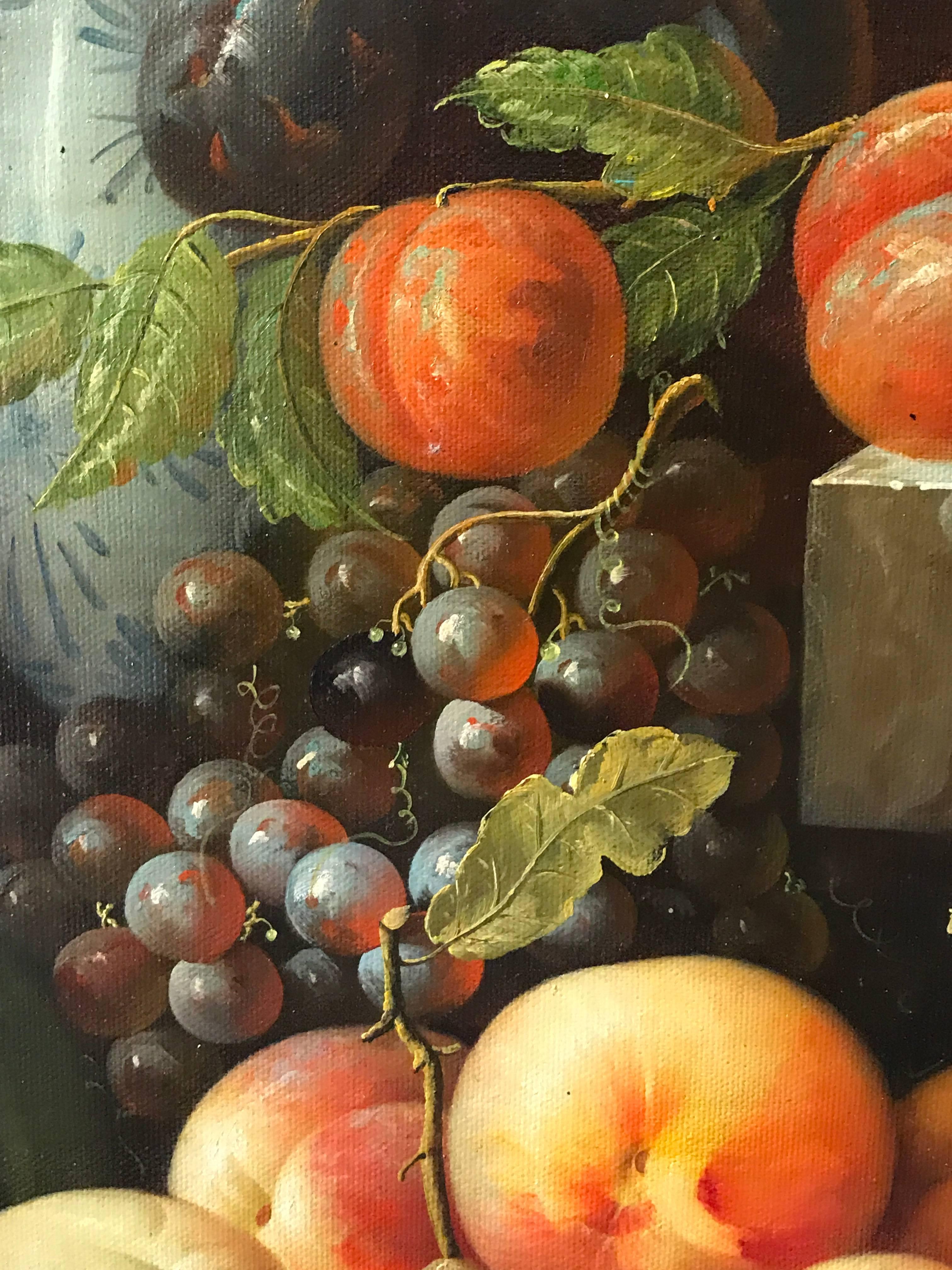 Beautiful large scale still life oil painting on canvas, depicting this classical and ornamental arrangement of fruit. The work is very much in the earlier Dutch and Italianate tastes and magnificently presented in this substantial gilt frame. 

The