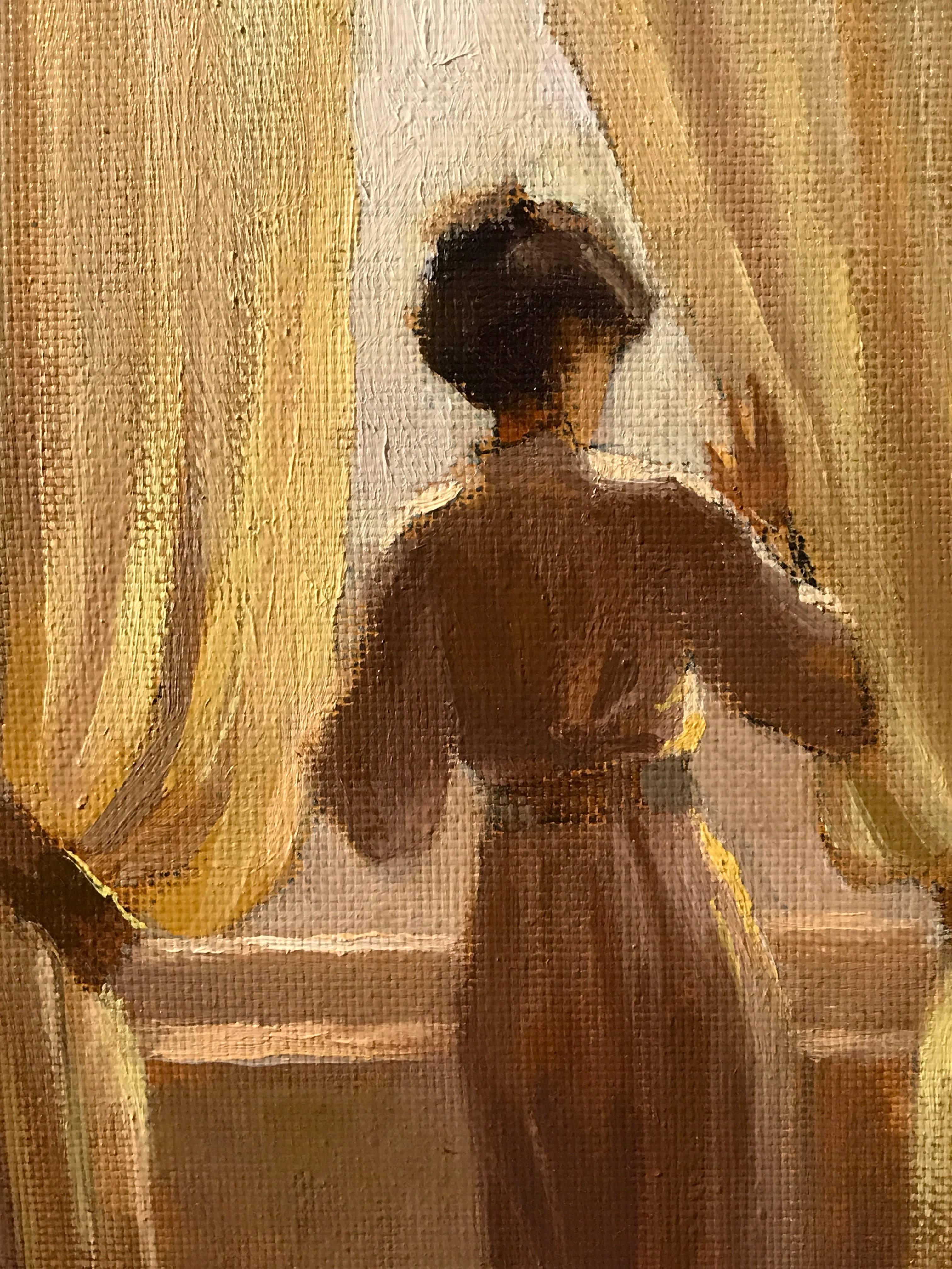 Signed Russian Oil Painting Lady in Music Drawing Room - Brown Figurative Painting by Unknown