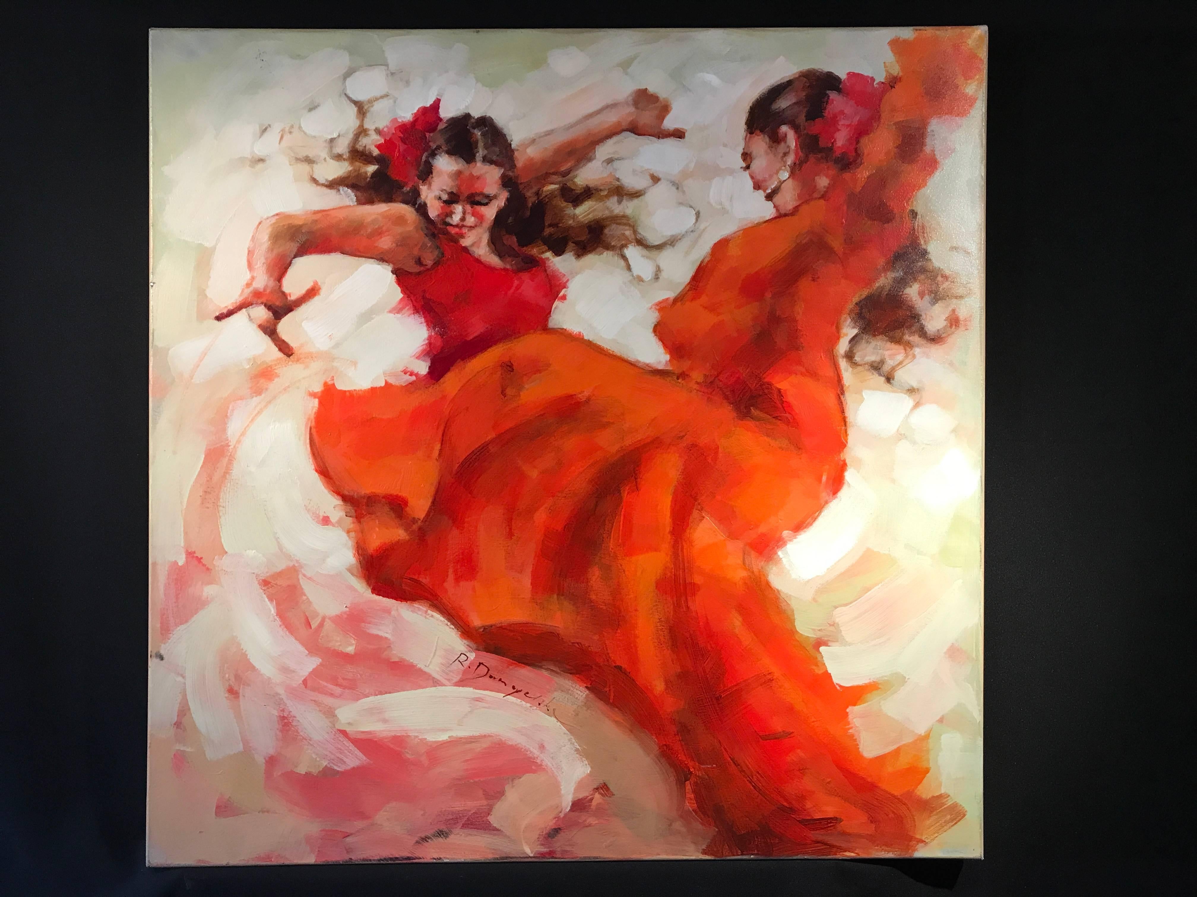 Flamenco Dancers, Large Signed Oil - Painting by Unknown