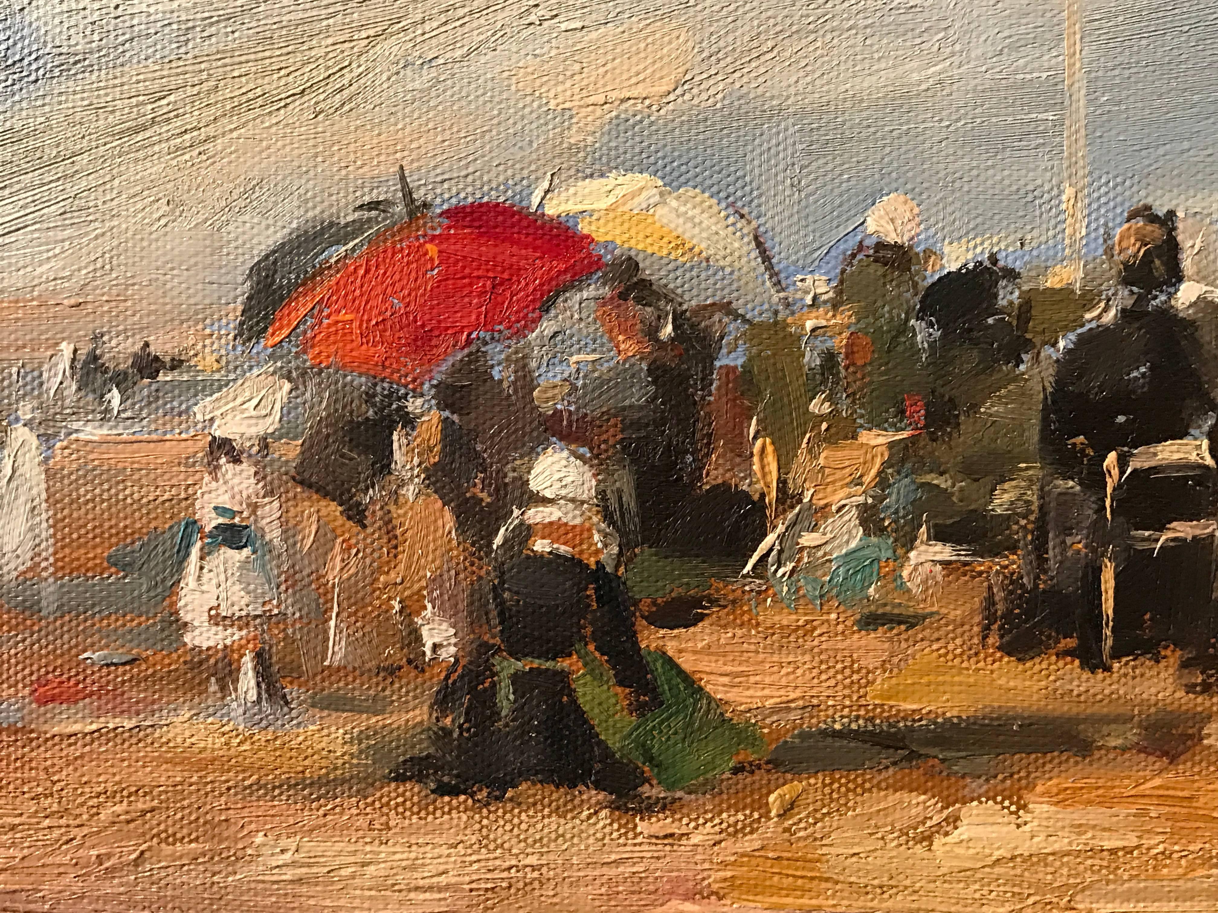 Elegant Figures on the Beach, Impressionist Oil - Painting by Unknown