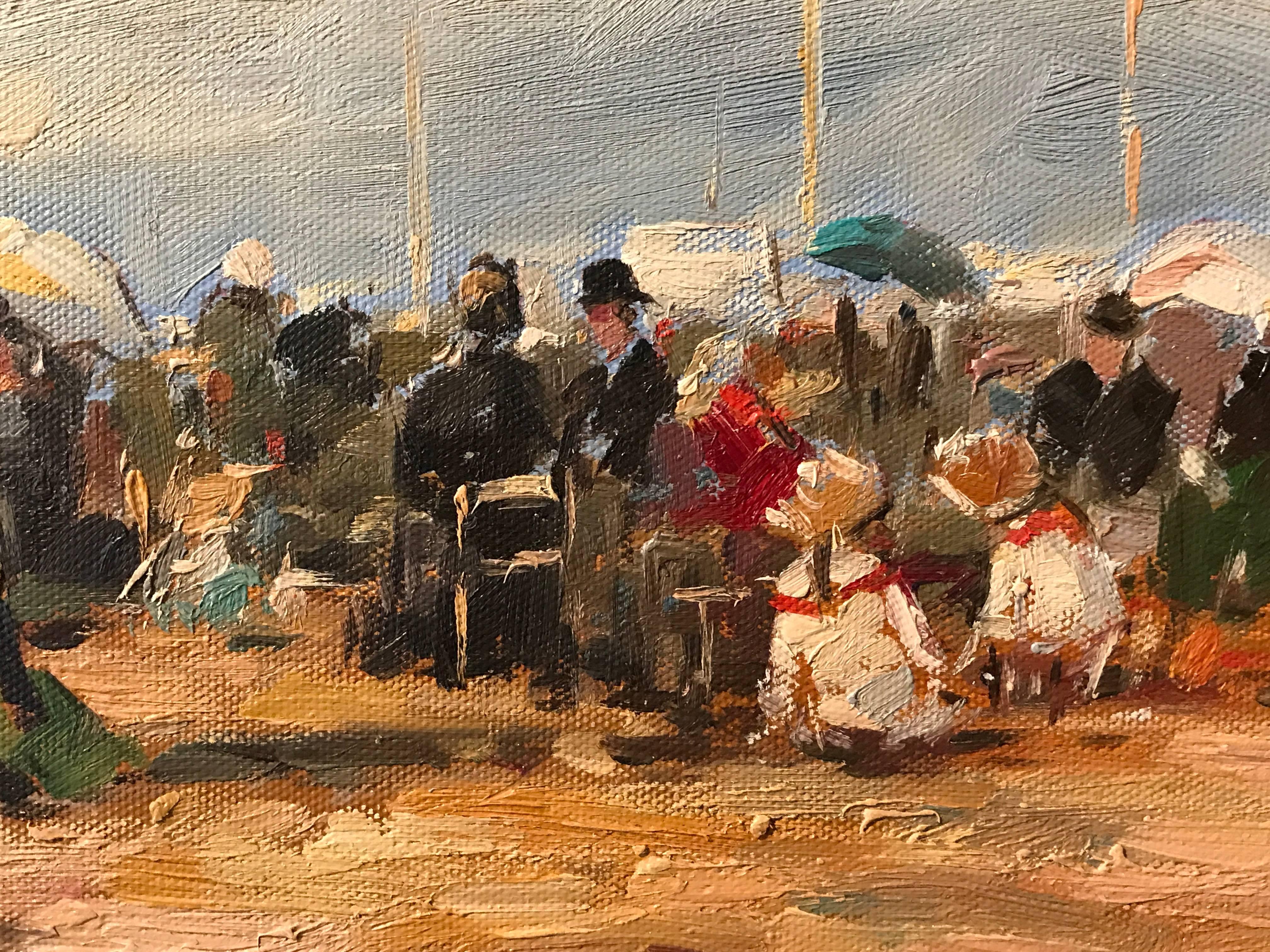 Elegant Figures on the Beach, Impressionist Oil - Beige Landscape Painting by Unknown
