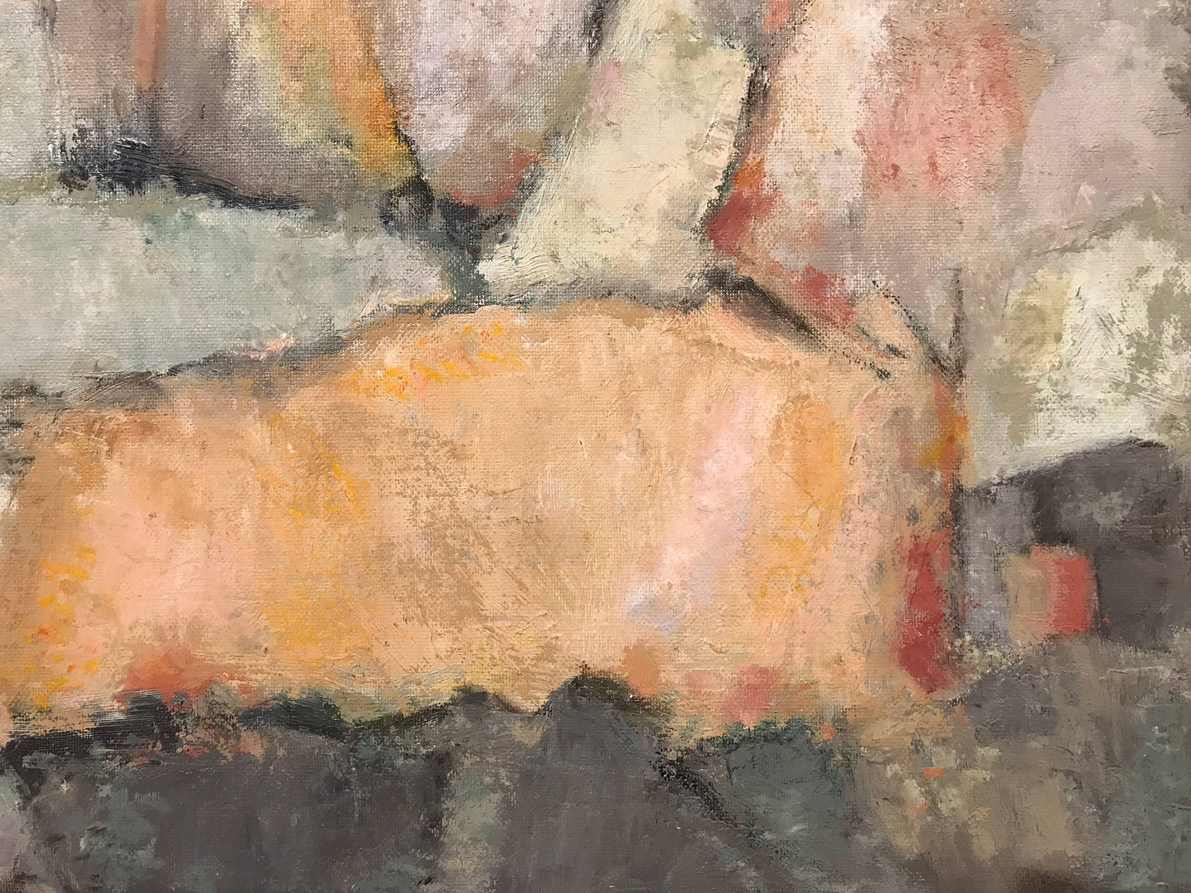 Herbstfarben Französisches kubistisches abstraktes Gemälde (Braun), Abstract Painting, von Yvette Dubois Habasque
