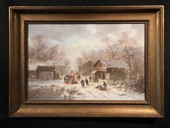 Dutch Winter Village Snow Scene Sledging Many Figures Signed Oil