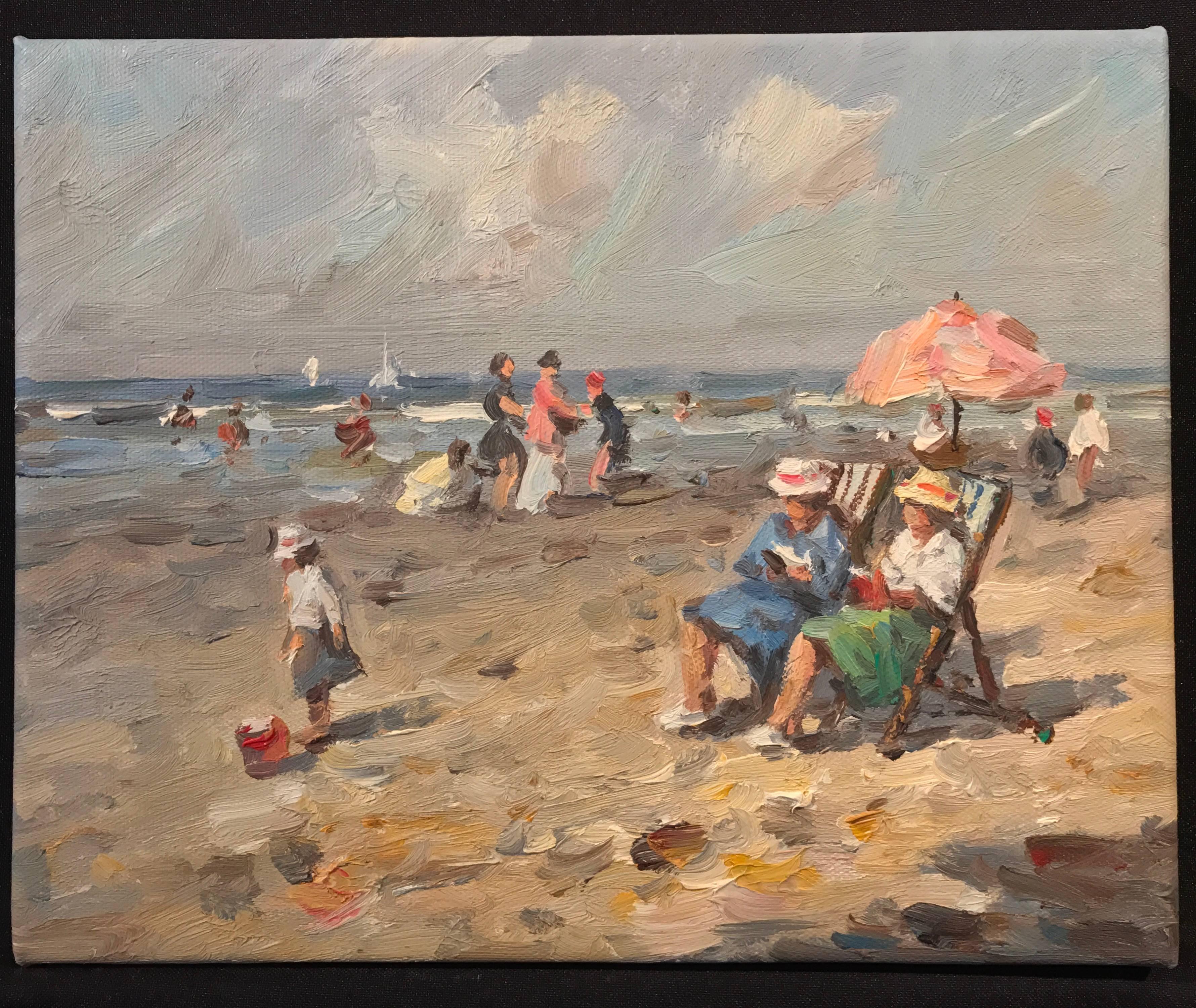 Sur la Plage, French oil painting - Painting by Unknown