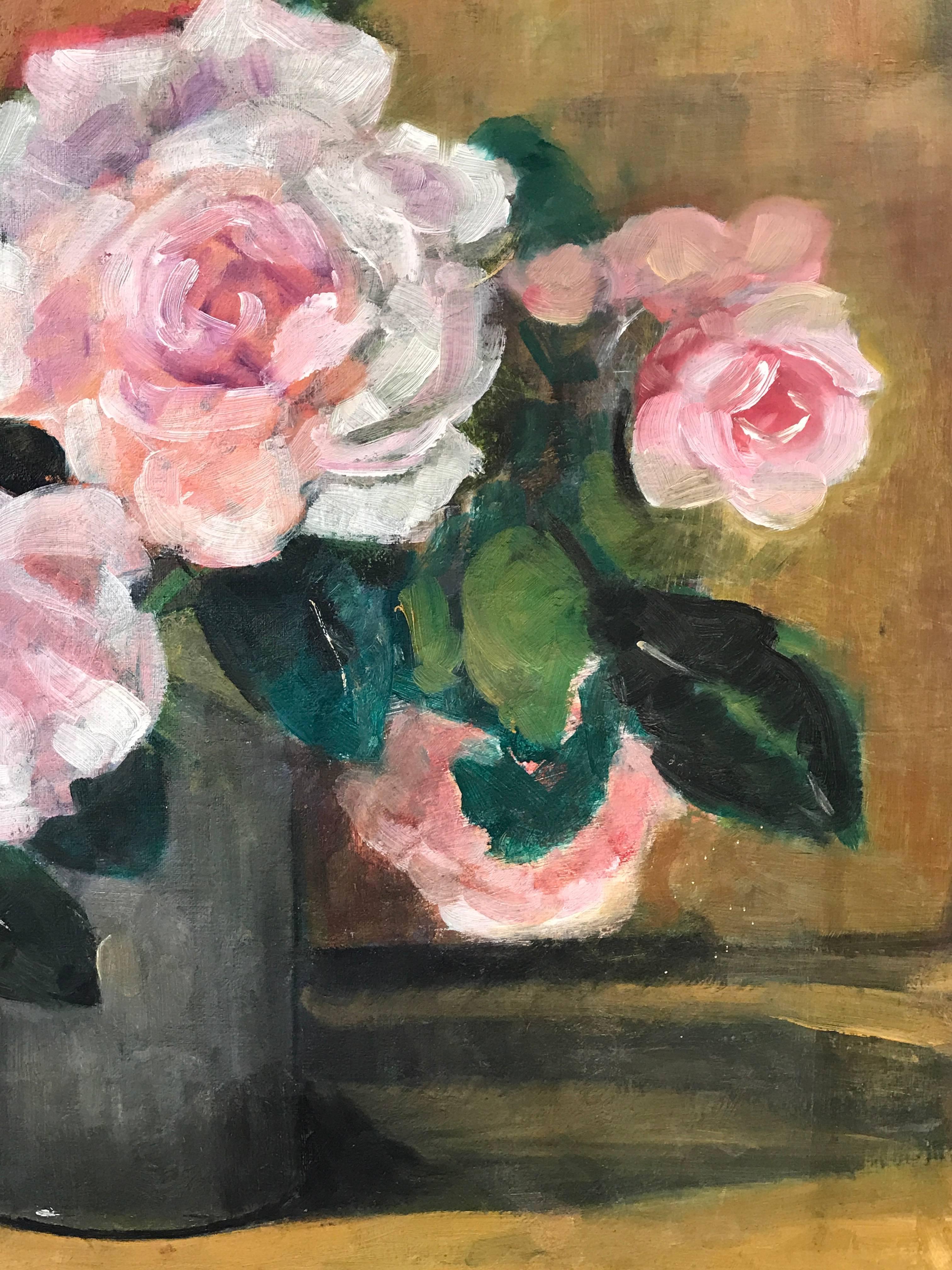 Mid 20th Century English Impressionist Oil Pink Roses - Brown Still-Life Painting by Dorothy Pulford