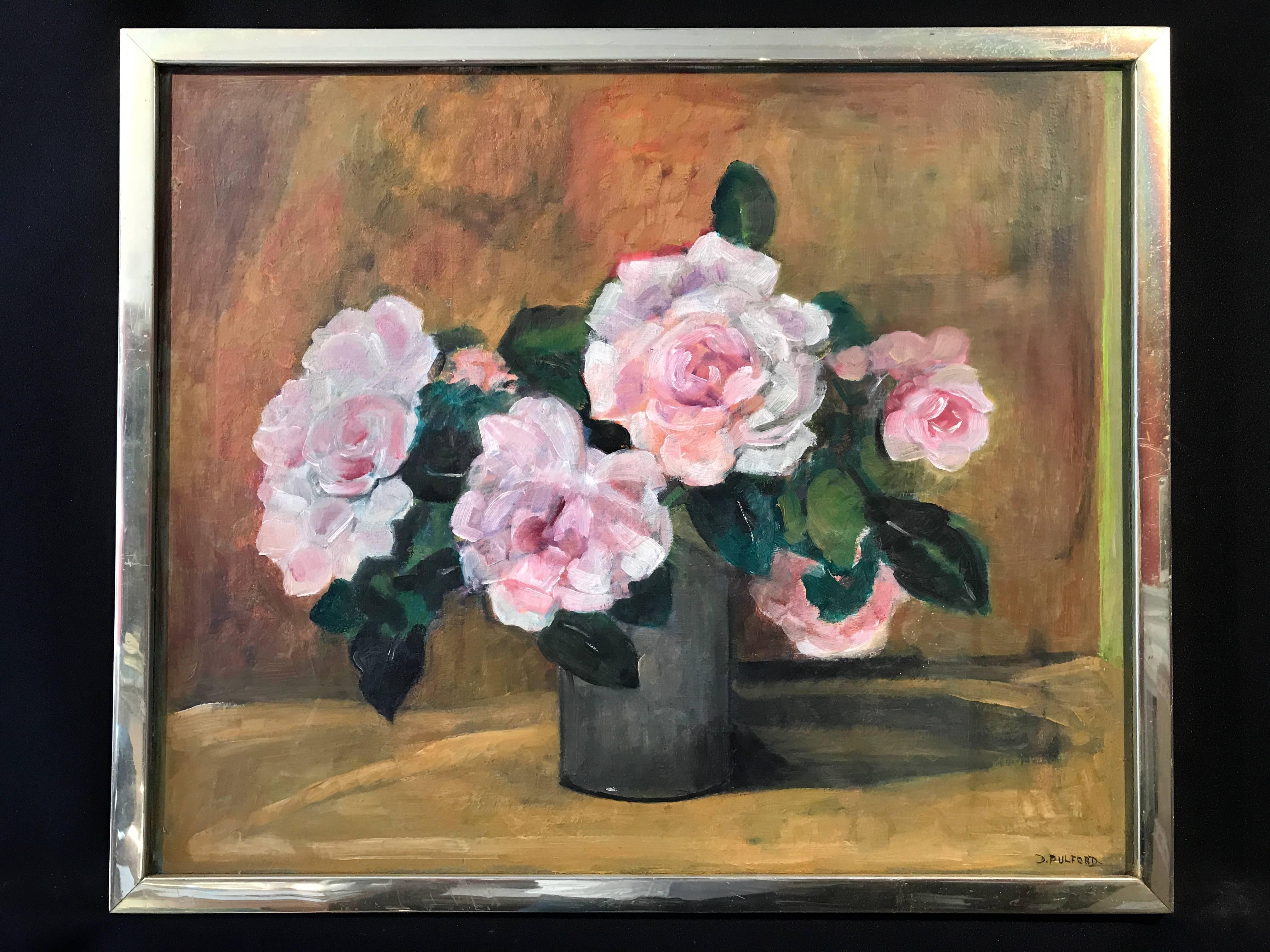 Mid 20th Century English Impressionist Oil Pink Roses - Painting by Dorothy Pulford