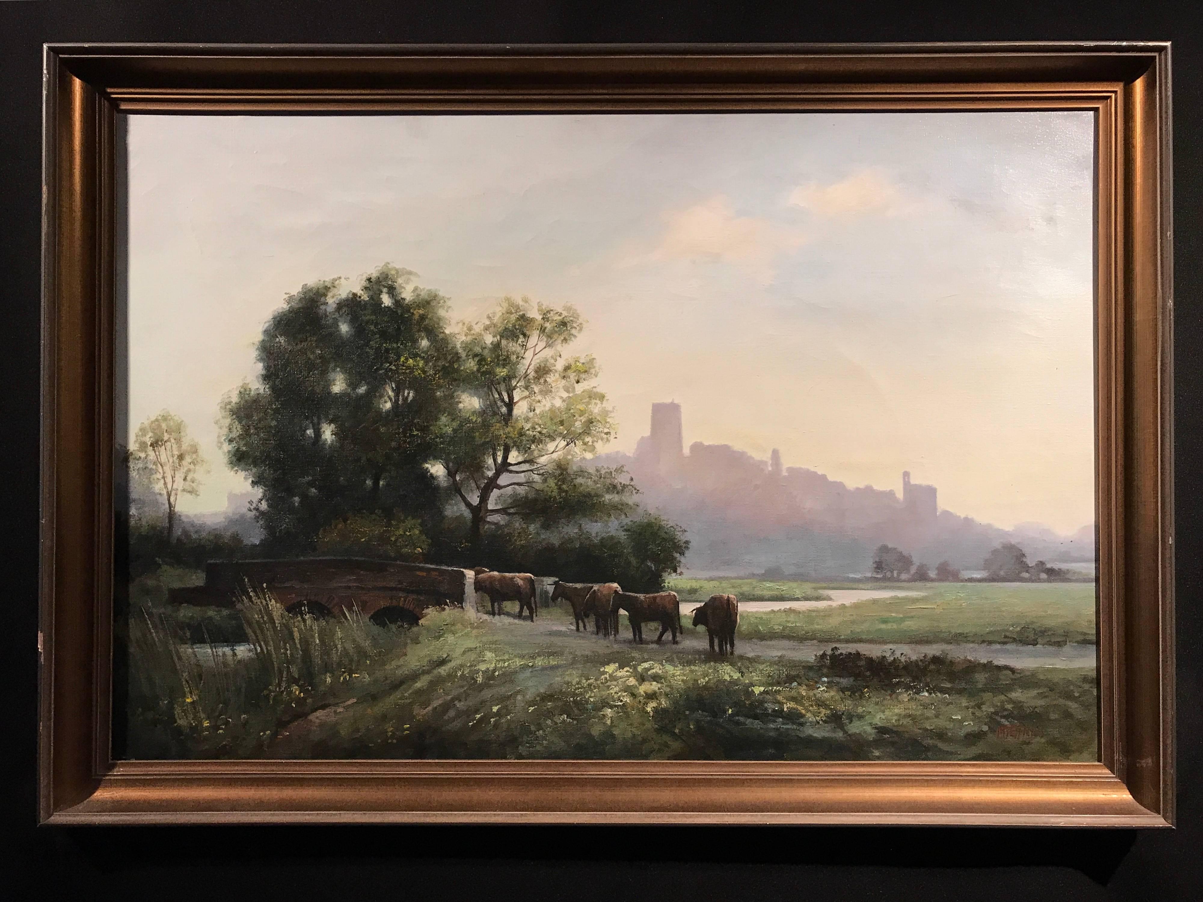 Windsor Castle Sunrise with Cattle in Landscape - Painting by Michael Jeffries