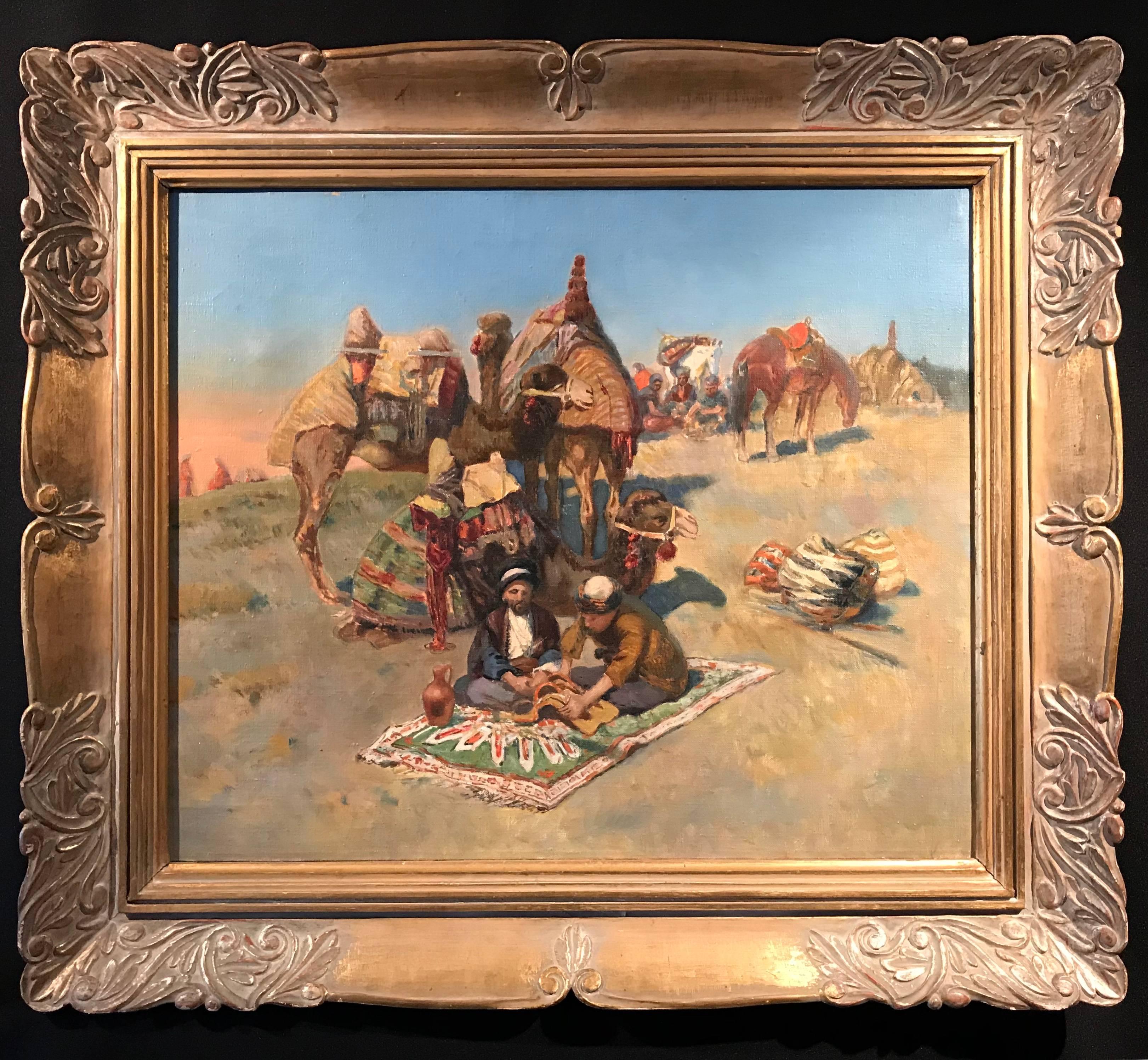 Bedouin Travellers on Camels in Desert oil painting - Painting by Unknown