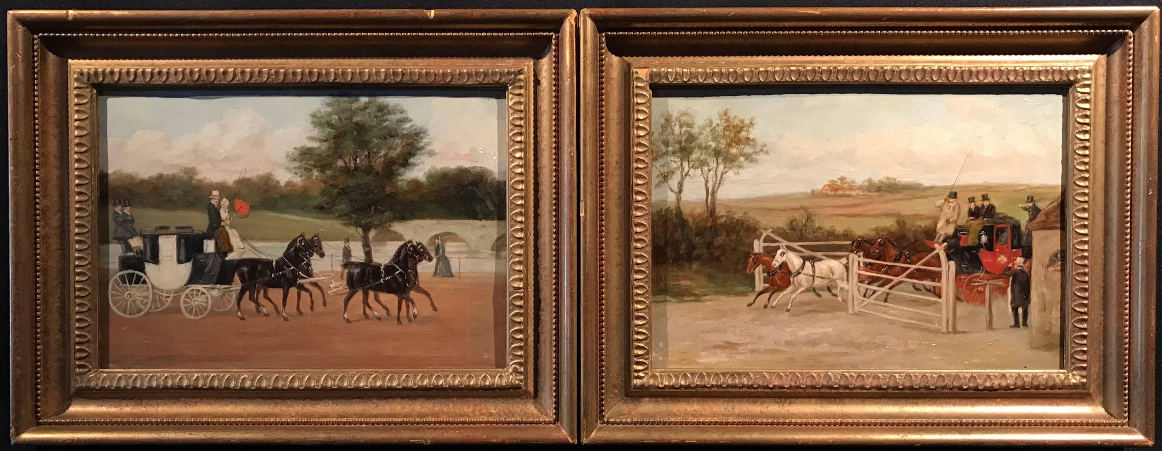 Unknown Landscape Painting - Pair Early Victorian English Oil Paintings Coach & Horses Scenes Mail Coach