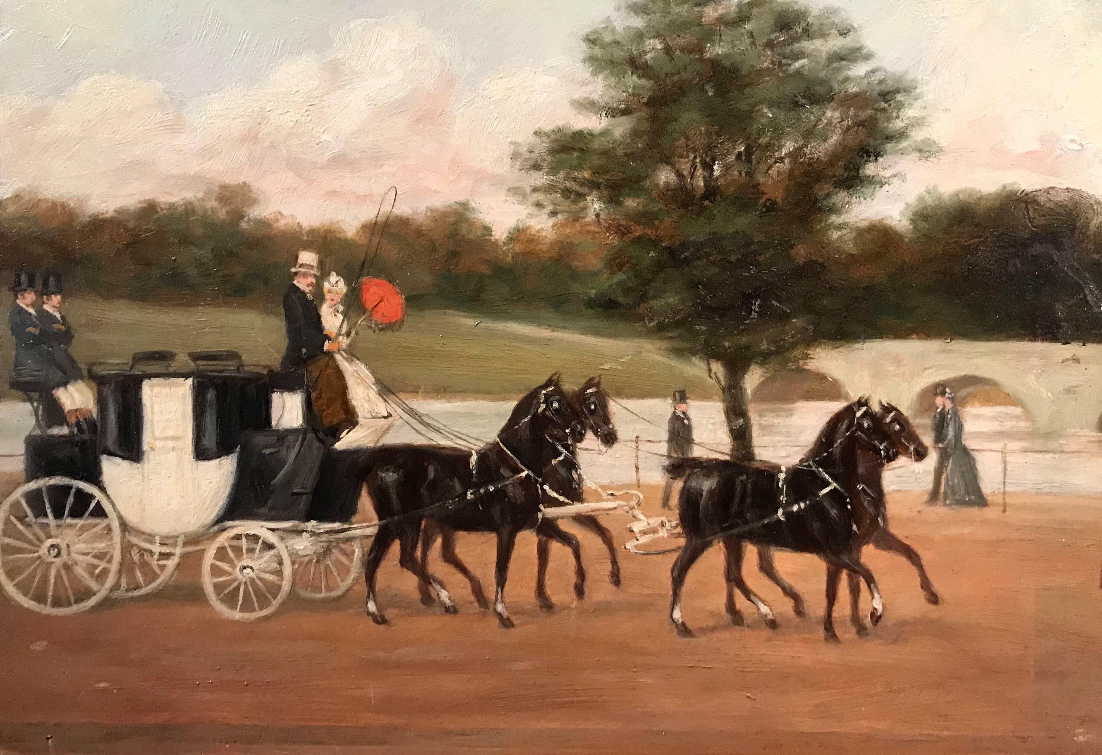 Very fine pair of original early Victorian oil paintings on canvas, depicting these lovely coaching scene insights into early 19th century English life. 

The first painting on the left depicts an elegant carriage, being led by four very smart