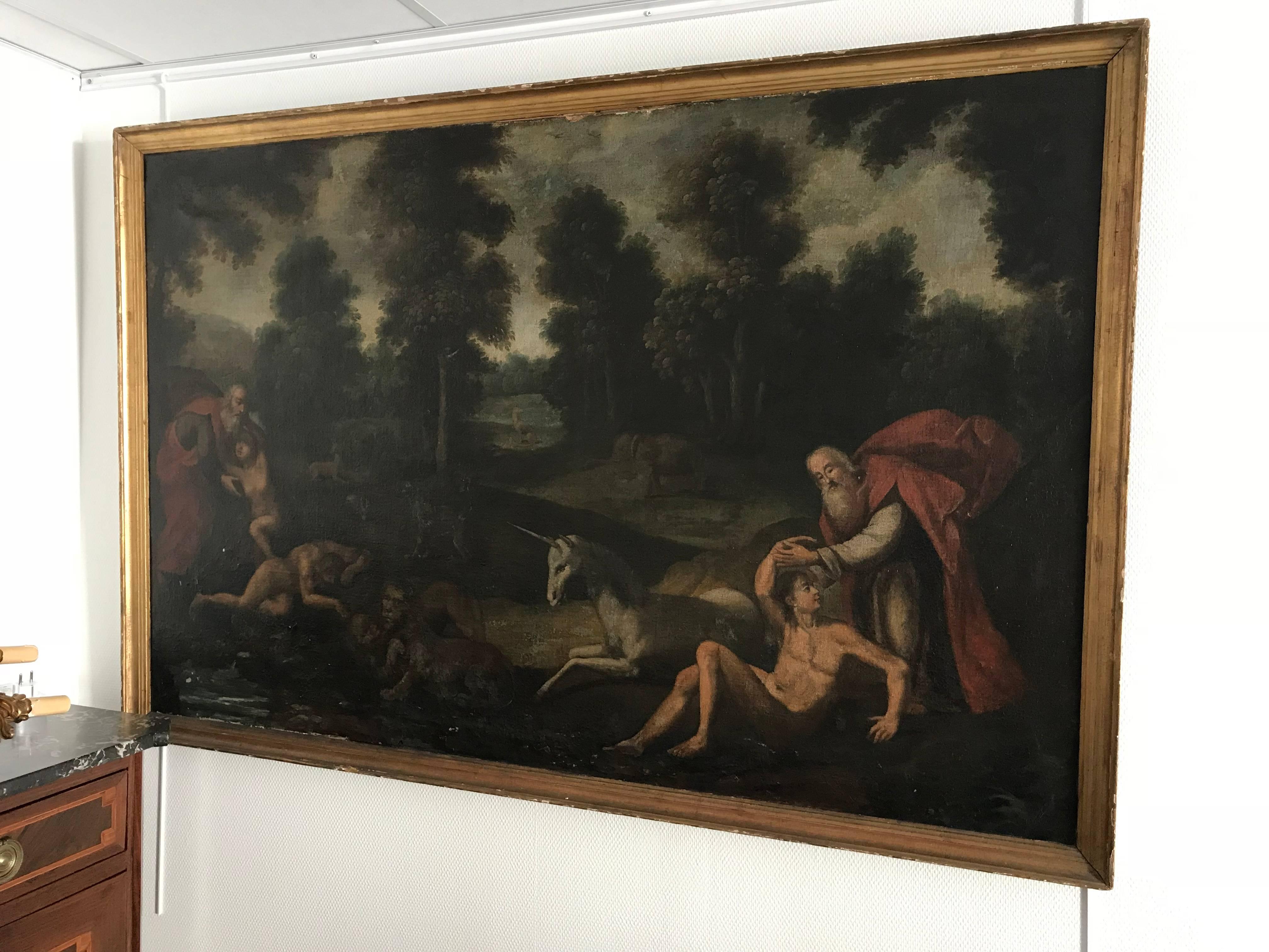 Very fine quality 17th century Flemish Old Master oil painting. The work depicts the very rare subject within art, of the Creation of Adam and Eve at the Garden of Eden. The work is painted on a grand scale, with the canvas measuring 102cm x 158cm.