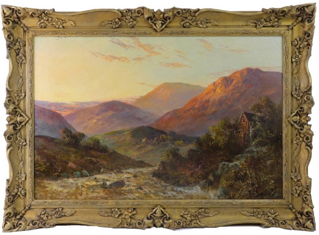 Francis E. Jamieson Landscape Painting - Antique Scottish Oil Painting Highland River Sunset