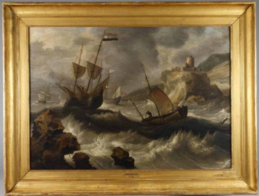 17thC Flemish Old Master Shipping in a Storm - Painting by Bonaventura Peeters the Elder
