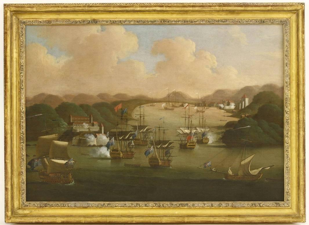 The capture of Porto Bello, 21st November 1739 , large oil painting on canvas - Painting by Studio of Samuel Scott